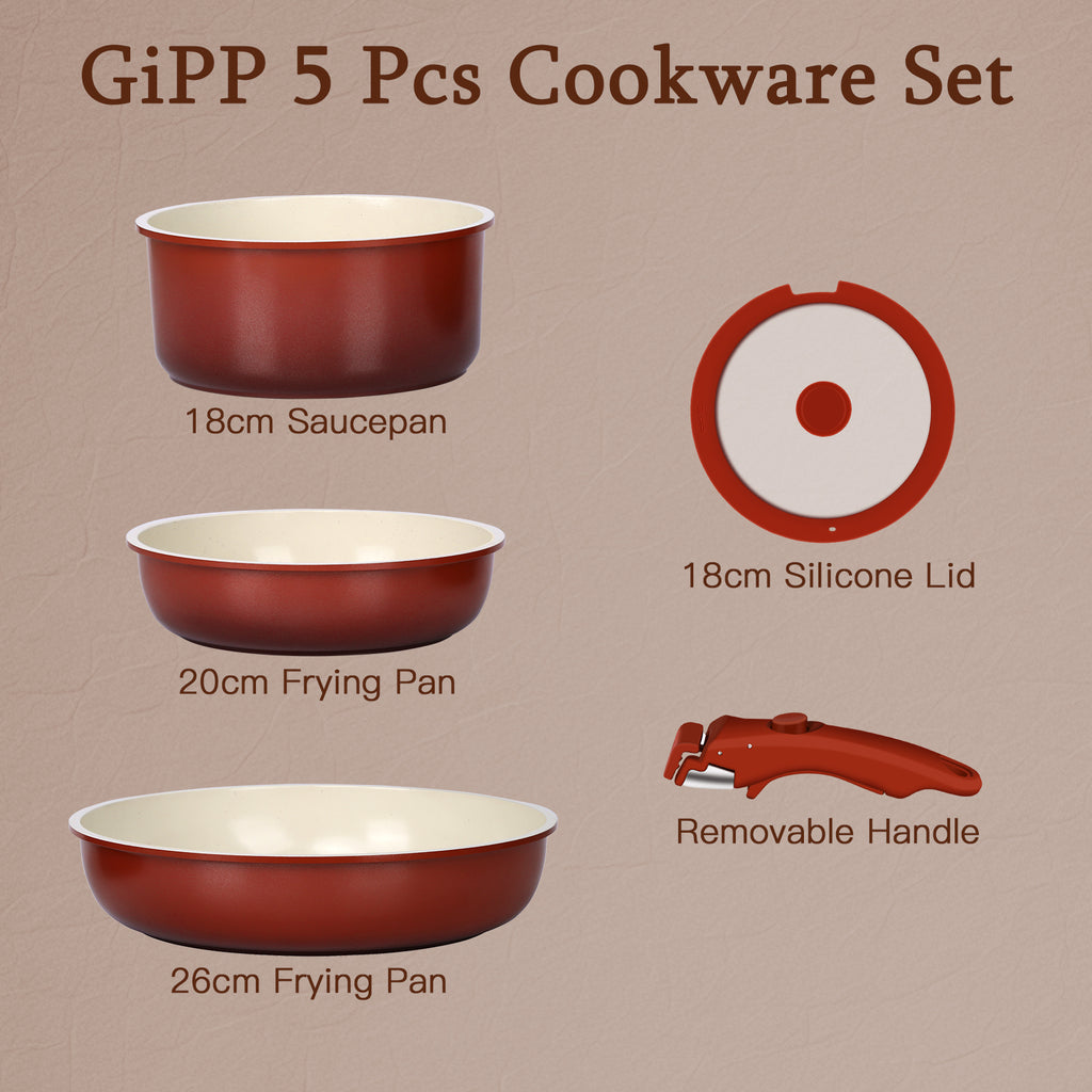 GiPP 5Pcs Ceramic Pots and Pans Set Nonstick Cookware Sets Removable Handle Kitchen,Oven Safe, Induction Ready