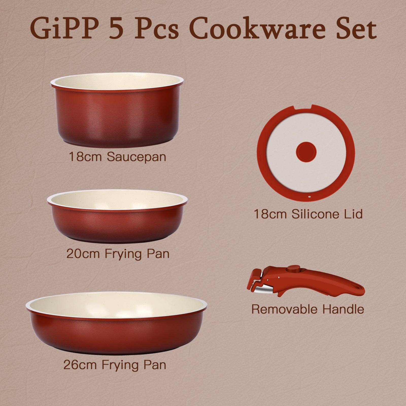 GiPP 5Pcs Ceramic Pots and Pans Set Nonstick Cookware Sets Removable Handle Kitchen,Oven Safe, Induction Ready