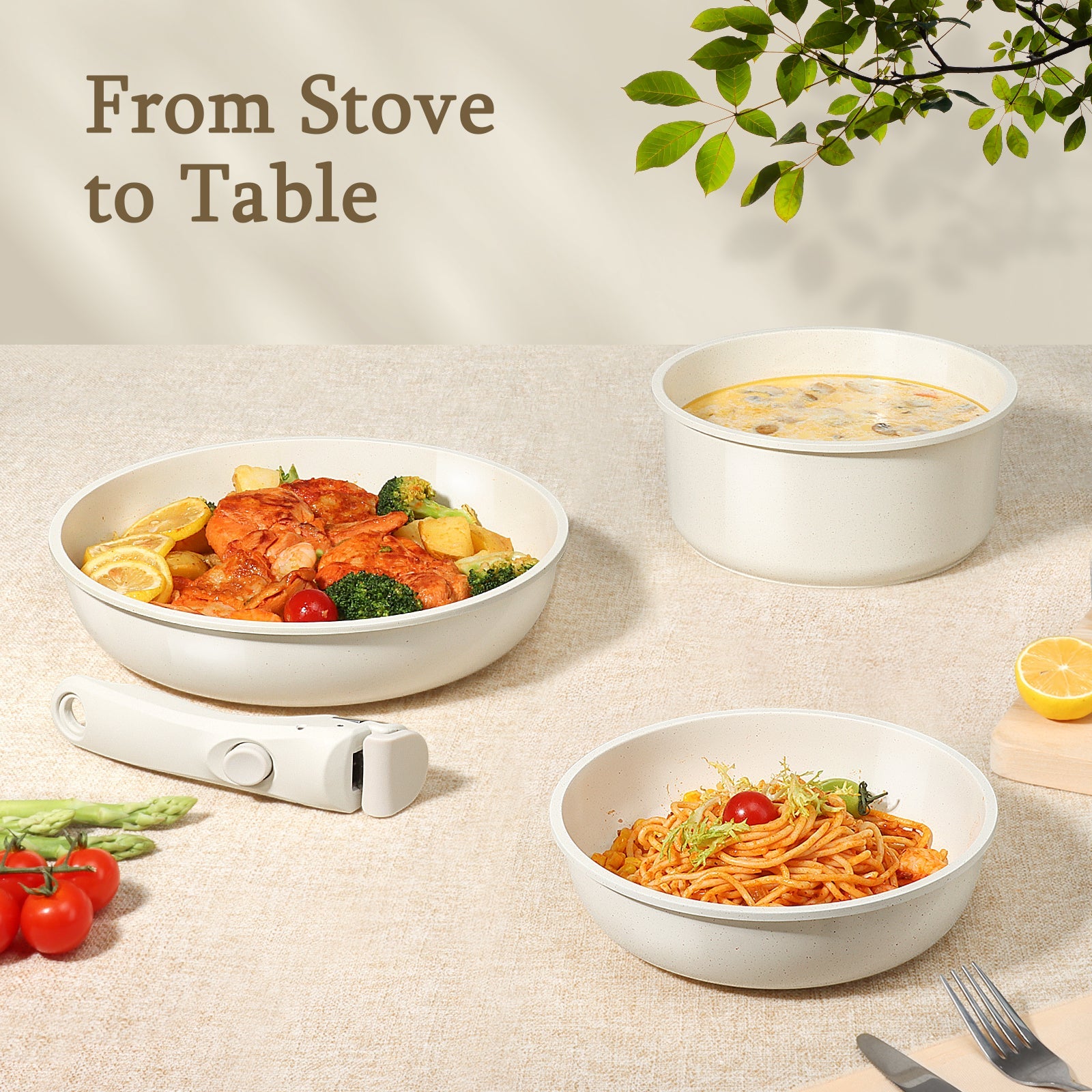 GIPP 21 Piece Ceramic Pots and Pans Set Non Stick, Cookware Set with Detachable Handles, Safe for Ovens and Dishwashers,Induction Cookers RV Kitchen