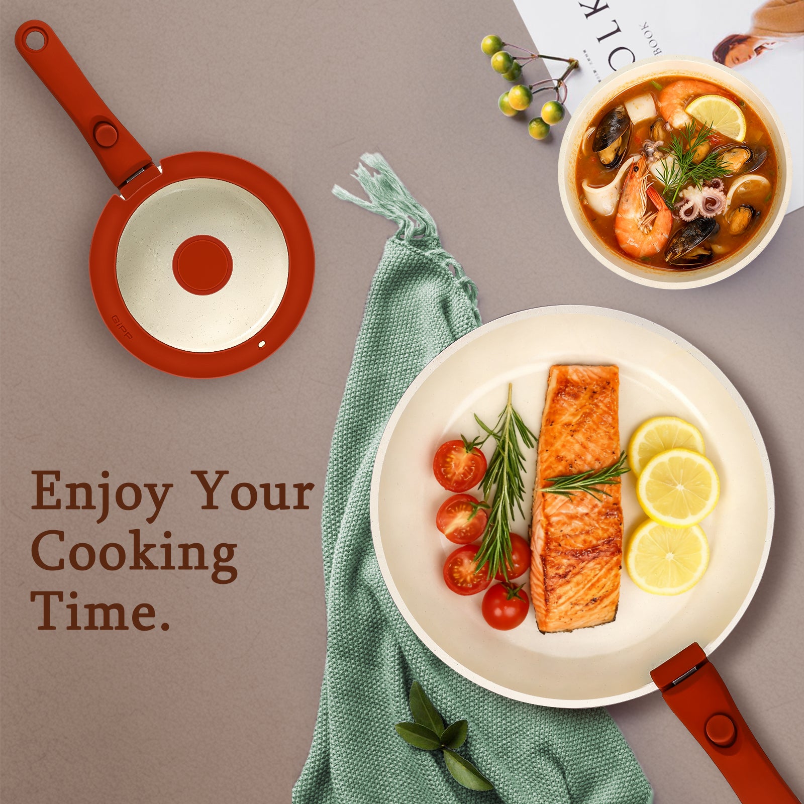 GiPP 5Pcs Ceramic Pots and Pans Set Nonstick Cookware Sets Removable Handle Kitchen,Oven Safe, Induction Ready