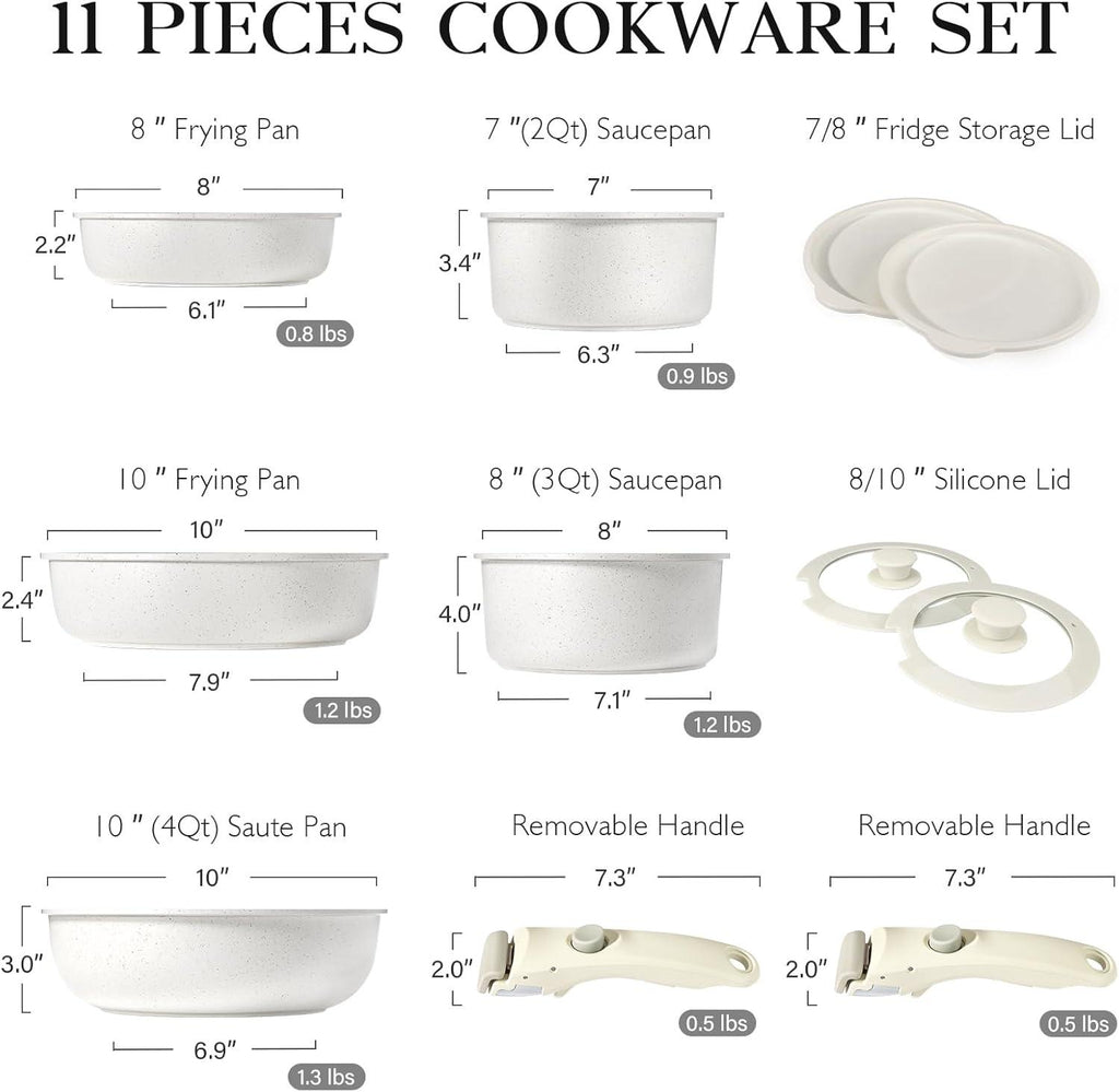 GiPP 11Pcs Pots and Pans Set Non Stick, Cookware Sets Nonstick Detachable Handle, Induction Kitchen Set Removable Handle, RV Cookware set, Oven Safe - GiPP Kitchenware