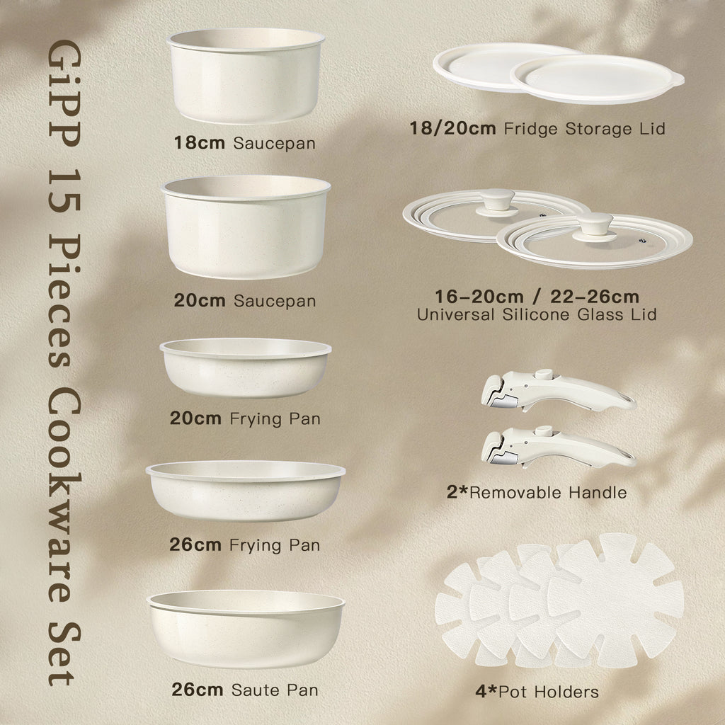 Gipp 15Pcs Ceramic Nonstick Cookware Sets,Pots and Pans Set Non Stick with Removable Handle, Oven Safe to 500°F, Induction Cookware, Stackable RV Kitchen Cooking Set