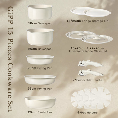 Gipp 15Pcs Ceramic Nonstick Cookware Sets,Pots and Pans Set Non Stick with Removable Handle, Oven Safe to 500°F, Induction Cookware, Stackable RV Kitchen Cooking Set