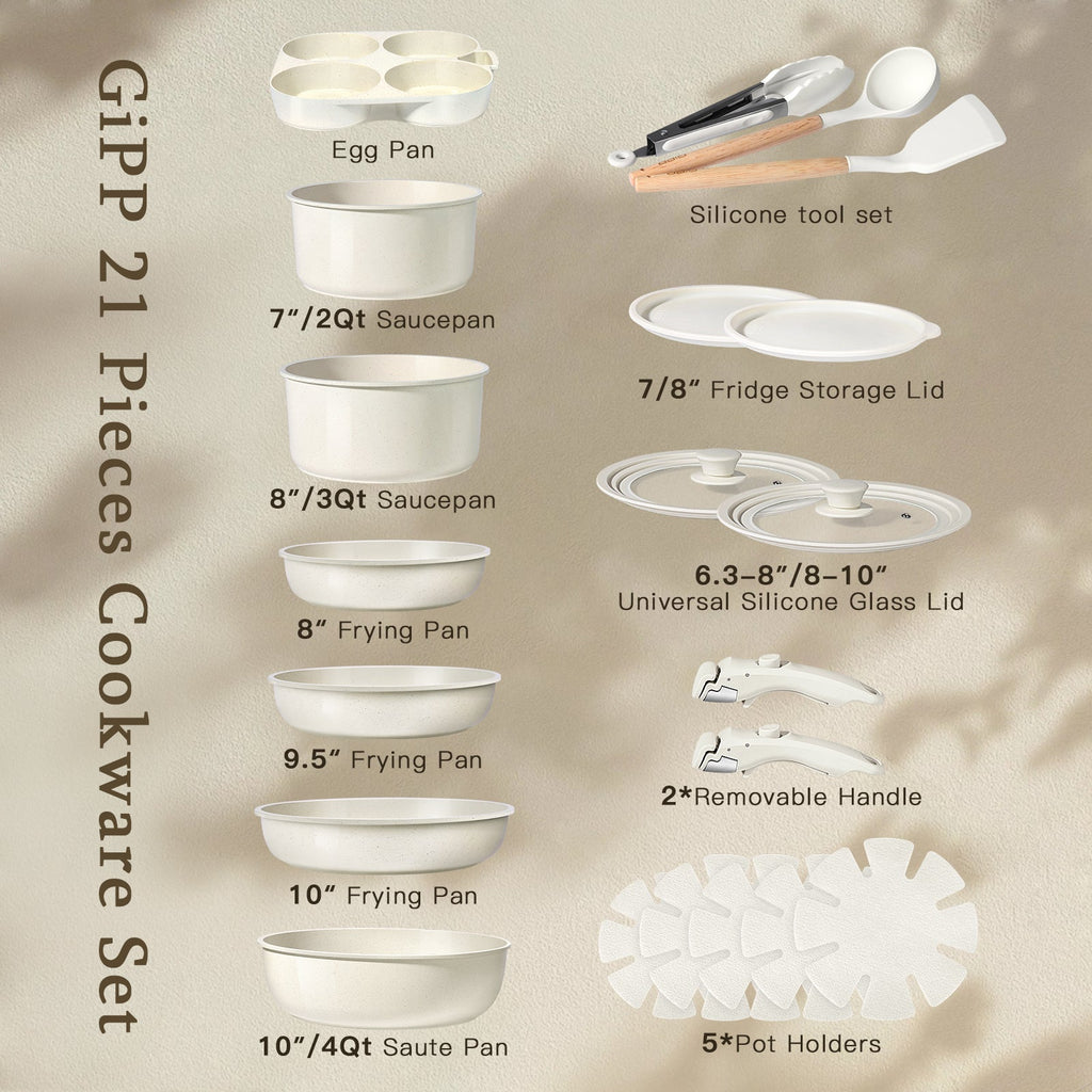 GIPP 21 Piece Ceramic Pots and Pans Set Non Stick, Cookware Set with Detachable Handles, Safe for Ovens and Dishwashers,Induction Cookers RV Kitchen