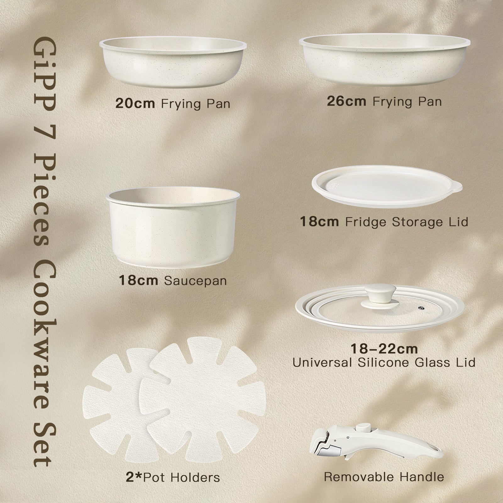 GiPP 7Pcs Nonstick Pots and Pans Set, Detachable Handle, Oven Safe