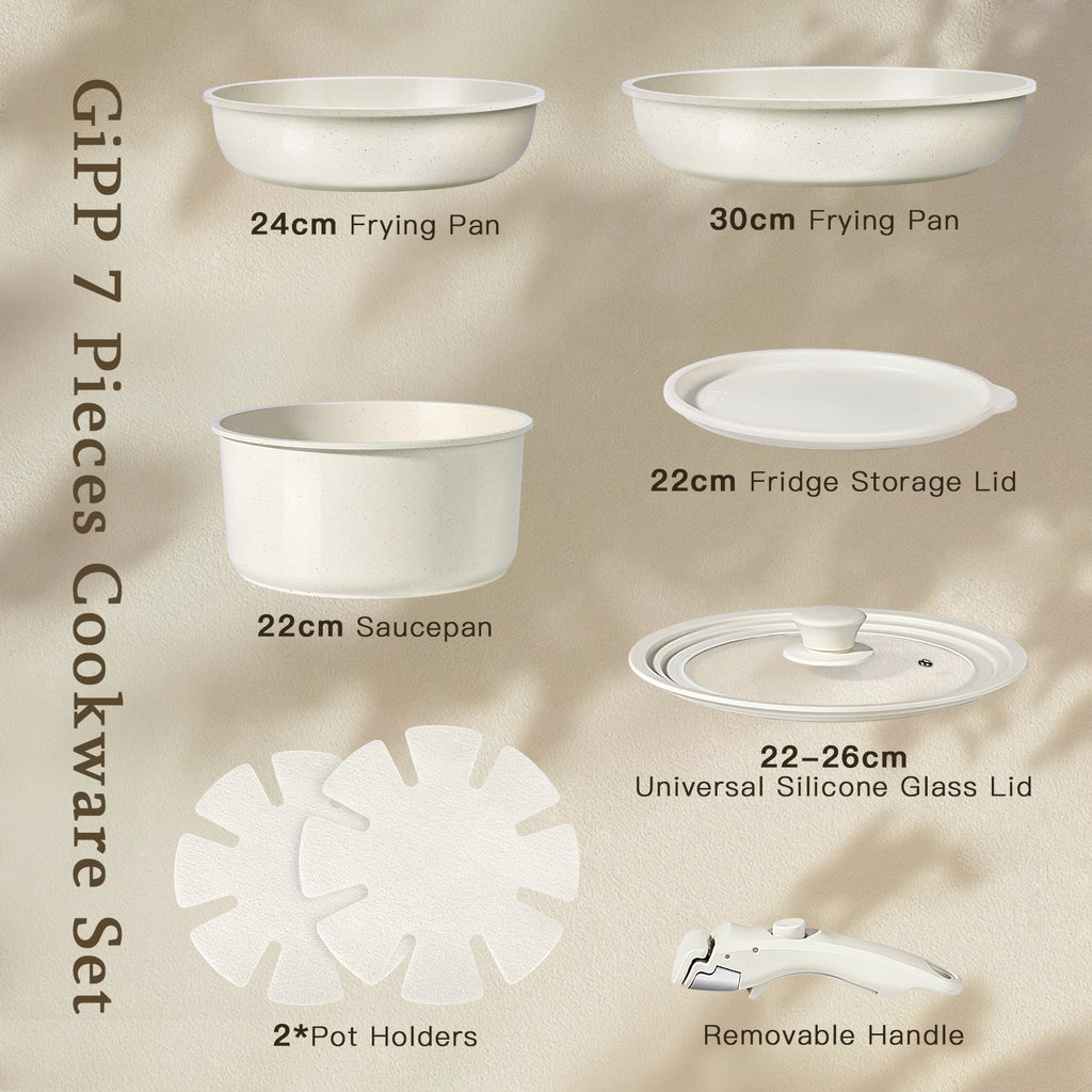 GiPP 7Pcs Nonstick Pots and Pans Set, Detachable Handle, Oven Safe
