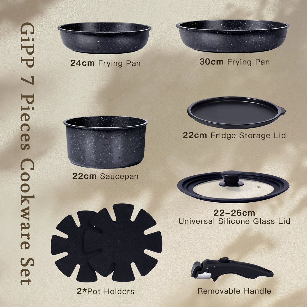 GiPP 7Pcs Nonstick Pots and Pans Set, Detachable Handle, Oven Safe