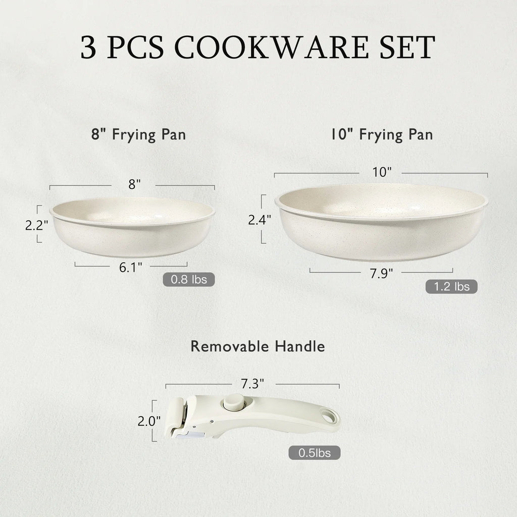 GIPP 3pcs Ceramic Non Stick Frying Pans Set,Skillet Non Stick With Removable Handle Oven & Dishwasher Safe,Induction Cookware