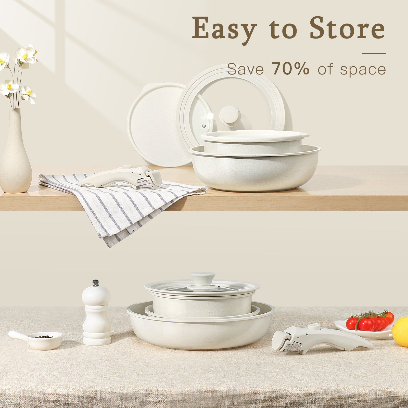 GIPP 21 Piece Ceramic Pots and Pans Set Non Stick, Cookware Set with Detachable Handles, Safe for Ovens and Dishwashers,Induction Cookers RV Kitchen