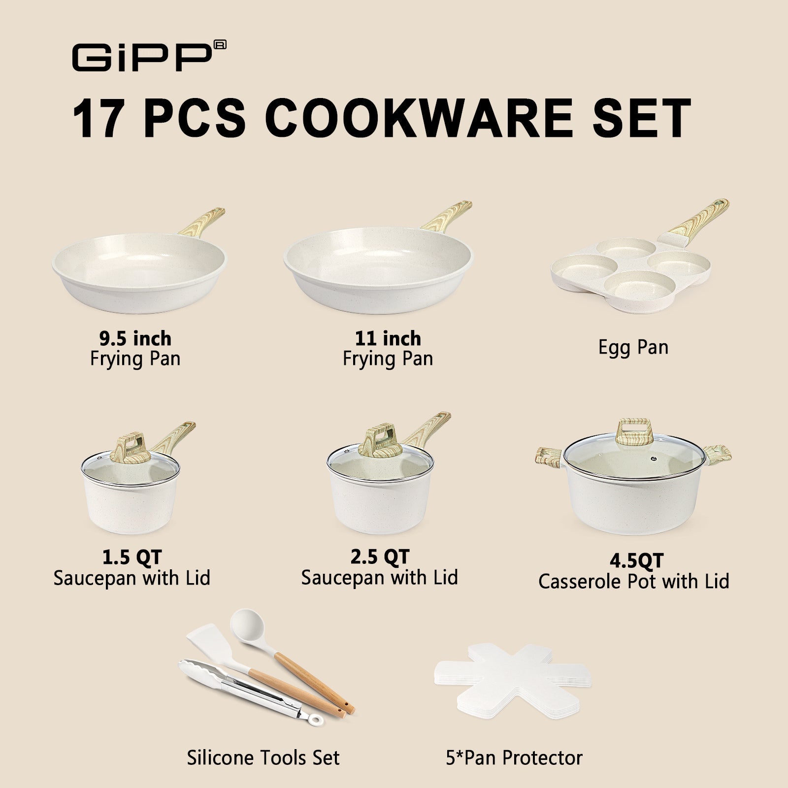 GIPP 17 Piece Kitchen Ceramic Cookware Sets,Pots and Pans Set Non stick ,Dishwasher Safe Induction Cookware, Kitchen Cooking Set for RV Trips