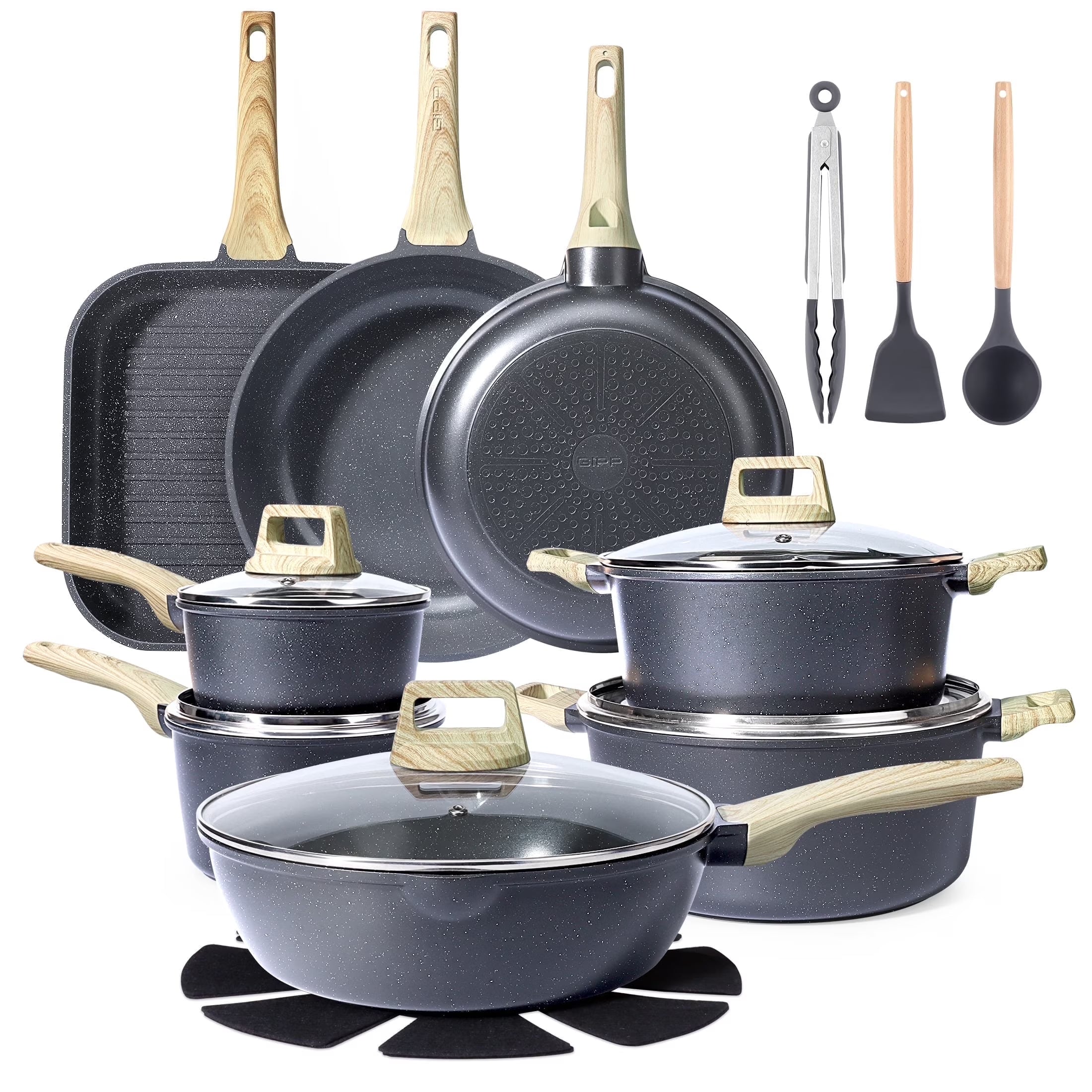 GIPP 21pcs Ceramic Coating Kitchen Cookware Sets,Pots and Pans Set Non stick,Dishwasher Safe Induction Cookware