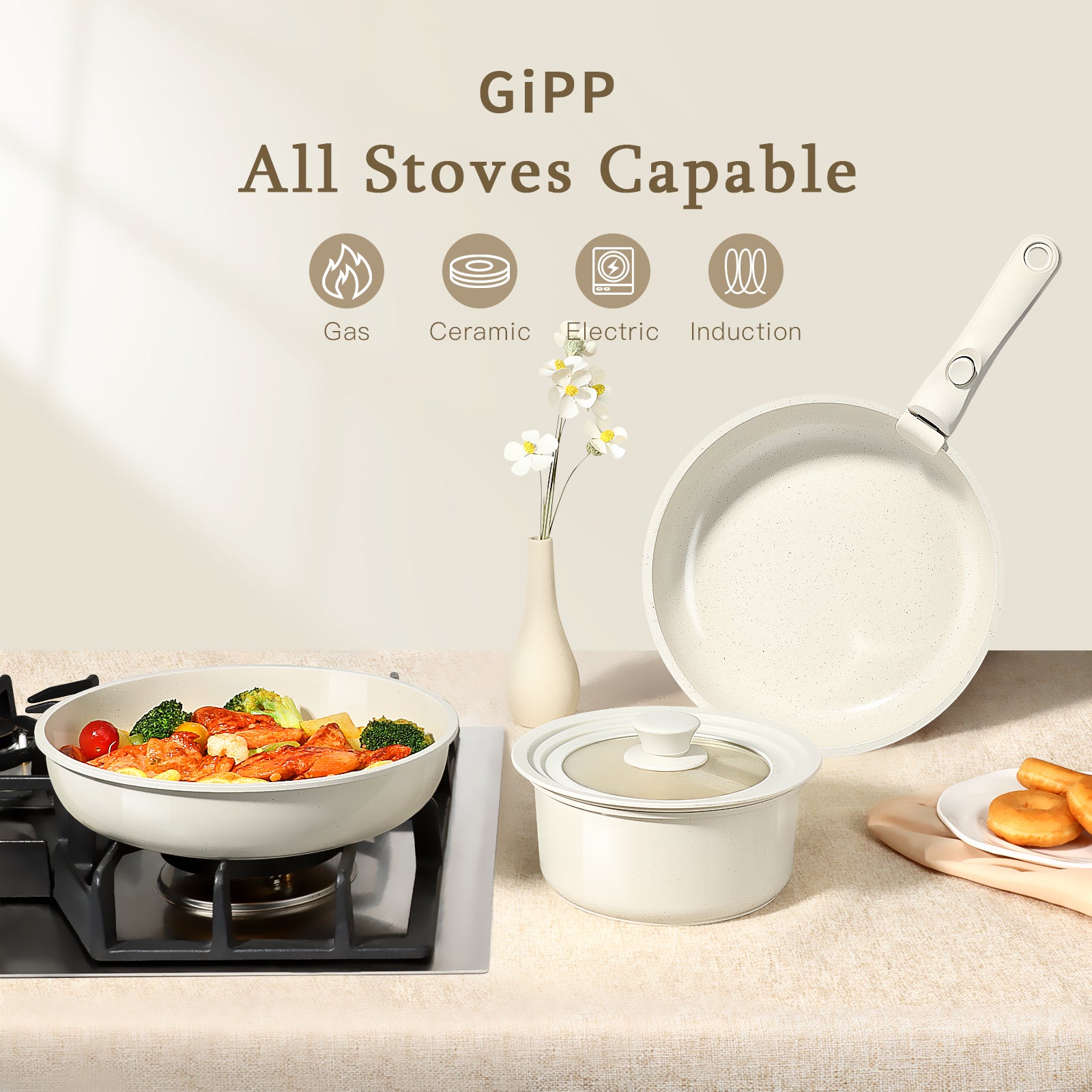 Gipp 15Pcs Ceramic Nonstick Cookware Sets,Pots and Pans Set Non Stick with Removable Handle, Oven Safe to 500°F, Induction Cookware, Stackable RV Kitchen Cooking Set
