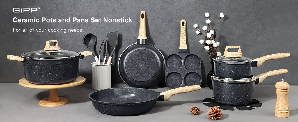 GiPP 17Pcs Nonstick Pots and Pans Set, Grey Granite, PFOS-Free