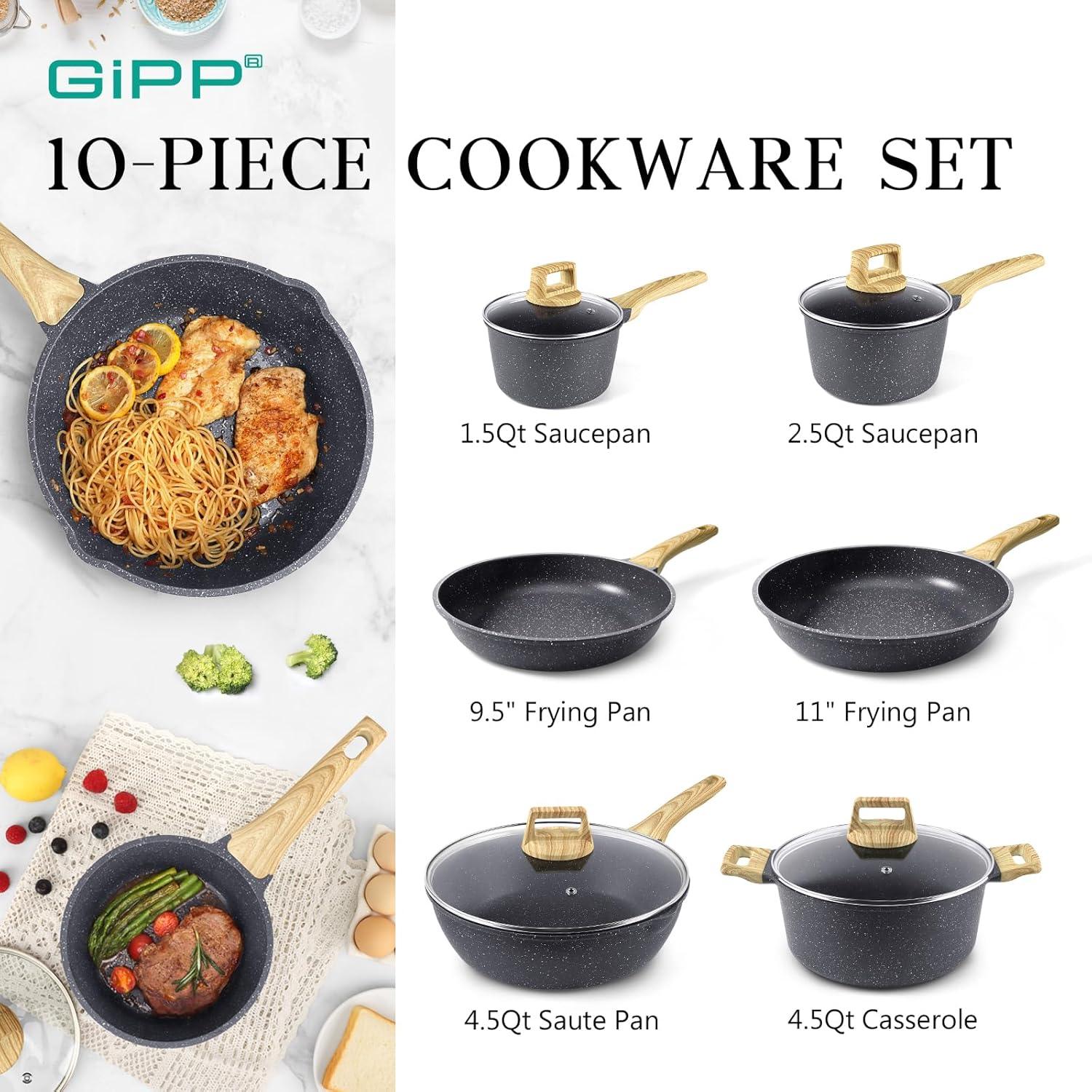 GiPP Pots and Pans Set Non Stick - 10 Pcs White Granite Kitchen Cookware Sets Nonstick Induction Cookware Non-toxic Cooking Pan Set with Lids, PFOS and PFOA Free - GiPP Kitchenware