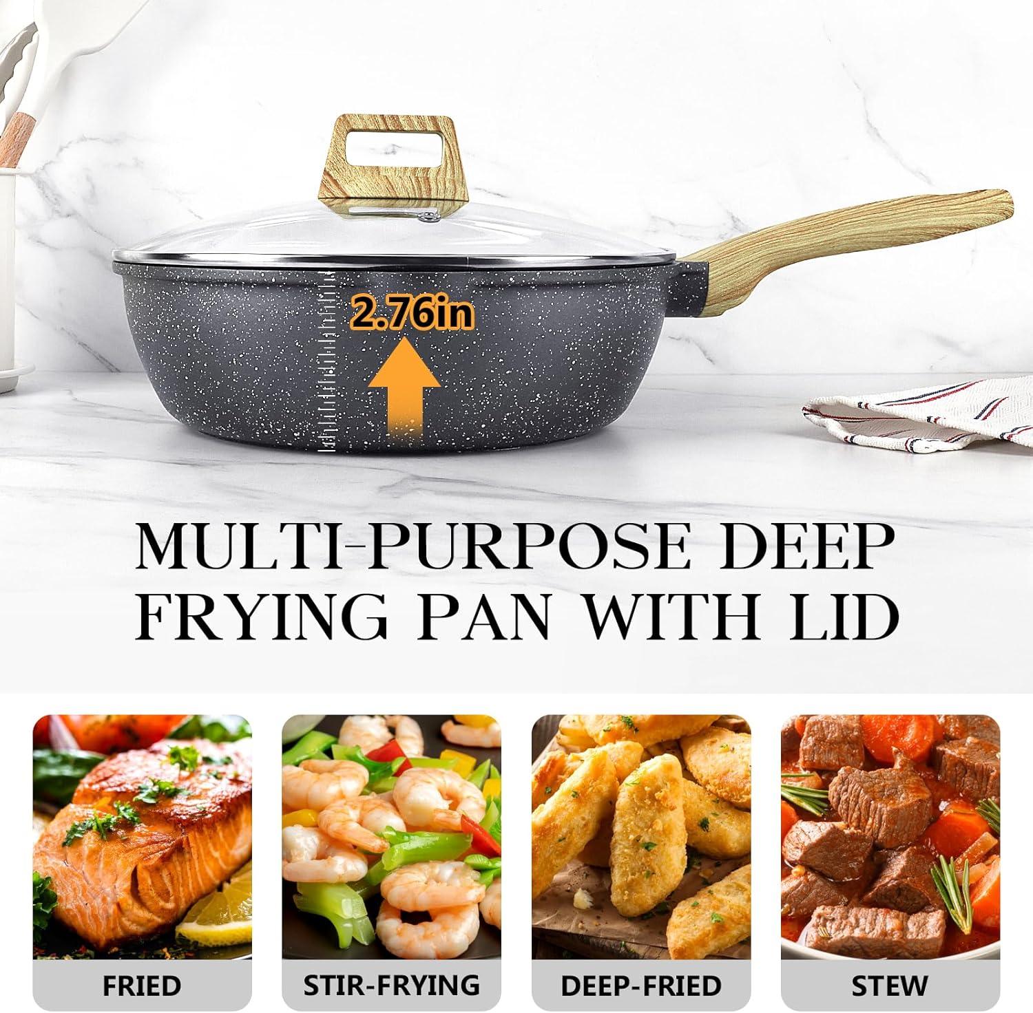 GiPP Nonstick Deep Frying Pan Skillet, 9.5" Saute Pan with Lid, Granite Induction Cookware Non Stick Cooking Pan, PFOA PFOS APEO Free, White - GiPP Kitchenware