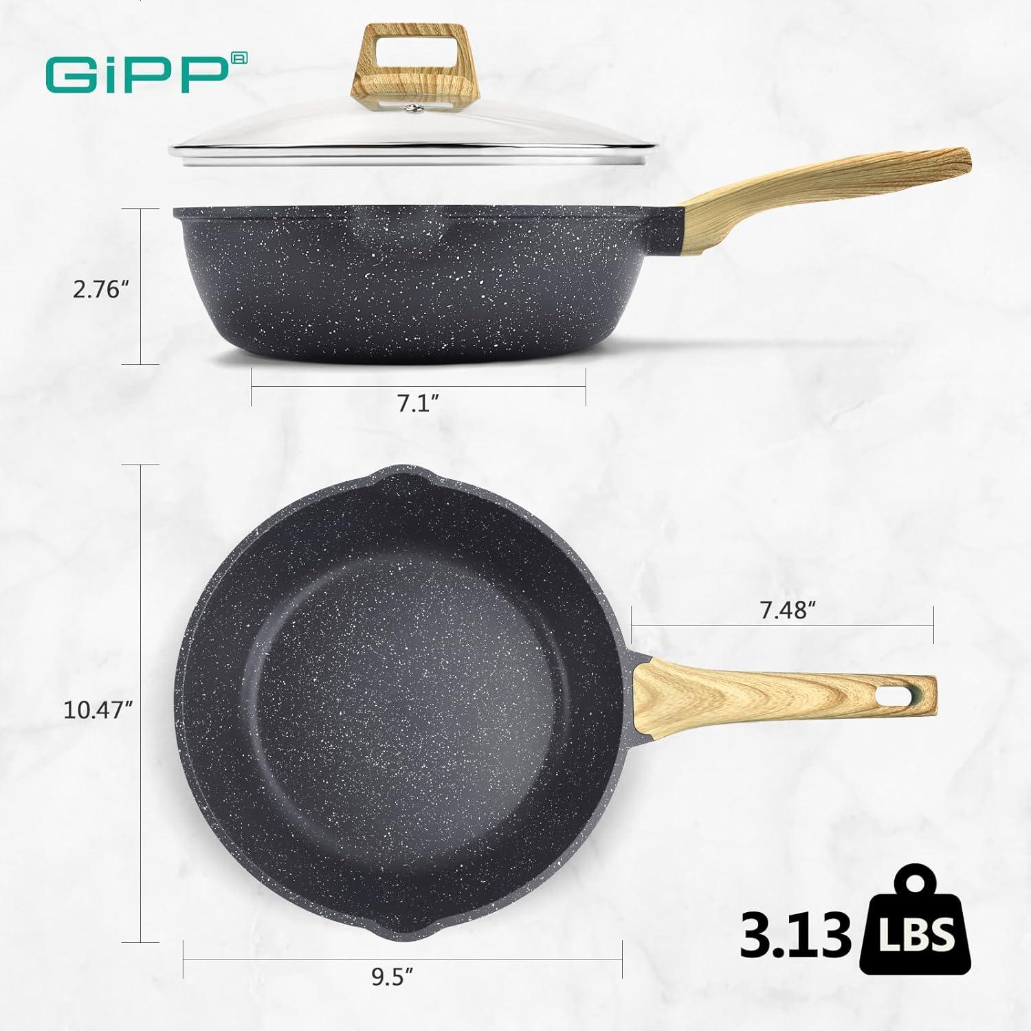 GiPP Nonstick Deep Frying Pan Skillet, 9.5" Saute Pan with Lid, Granite Induction Cookware Non Stick Cooking Pan, PFOA PFOS APEO Free, White - GiPP Kitchenware