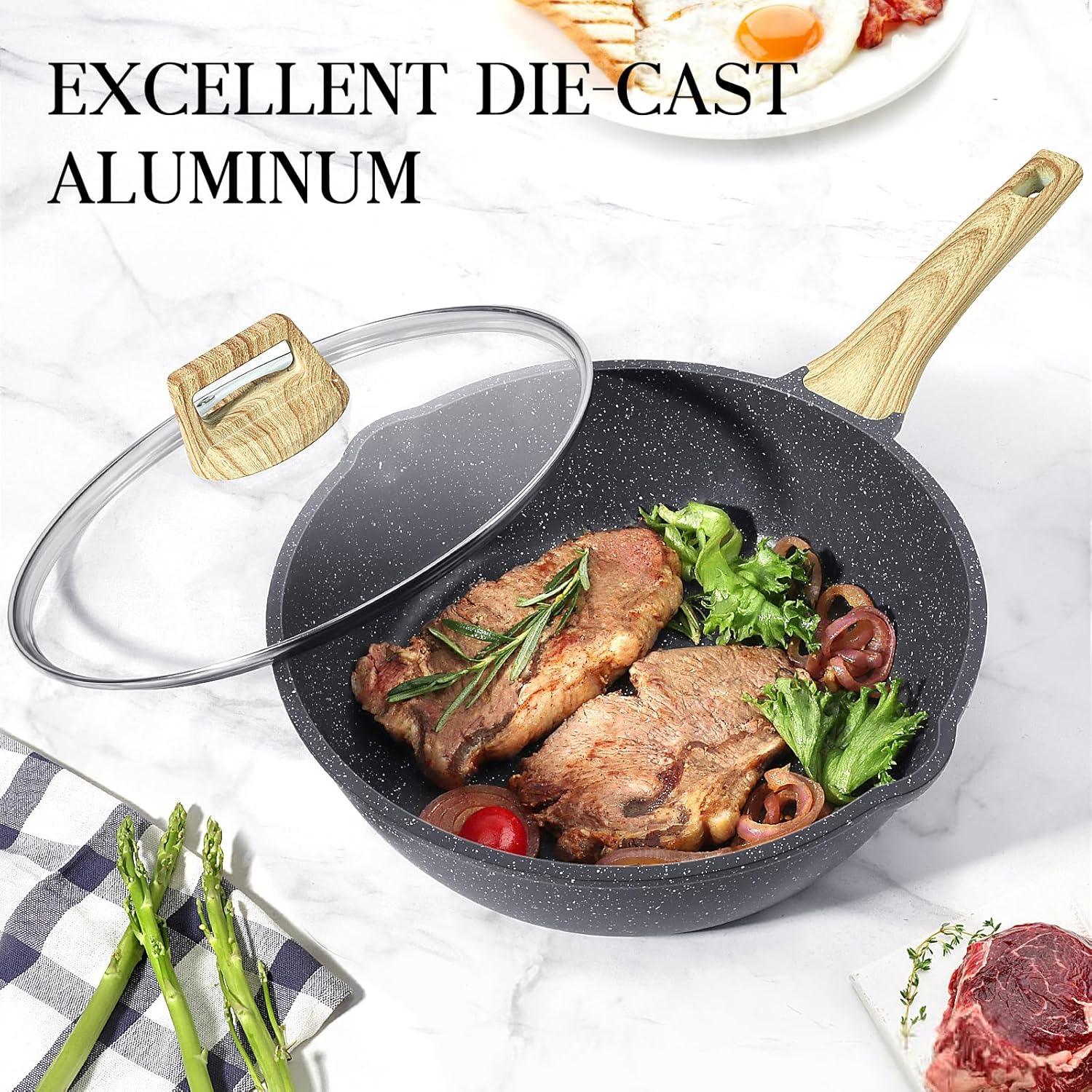 GiPP Nonstick Deep Frying Pan Skillet, 9.5" Saute Pan with Lid, Granite Induction Cookware Non Stick Cooking Pan, PFOA PFOS APEO Free, White - GiPP Kitchenware