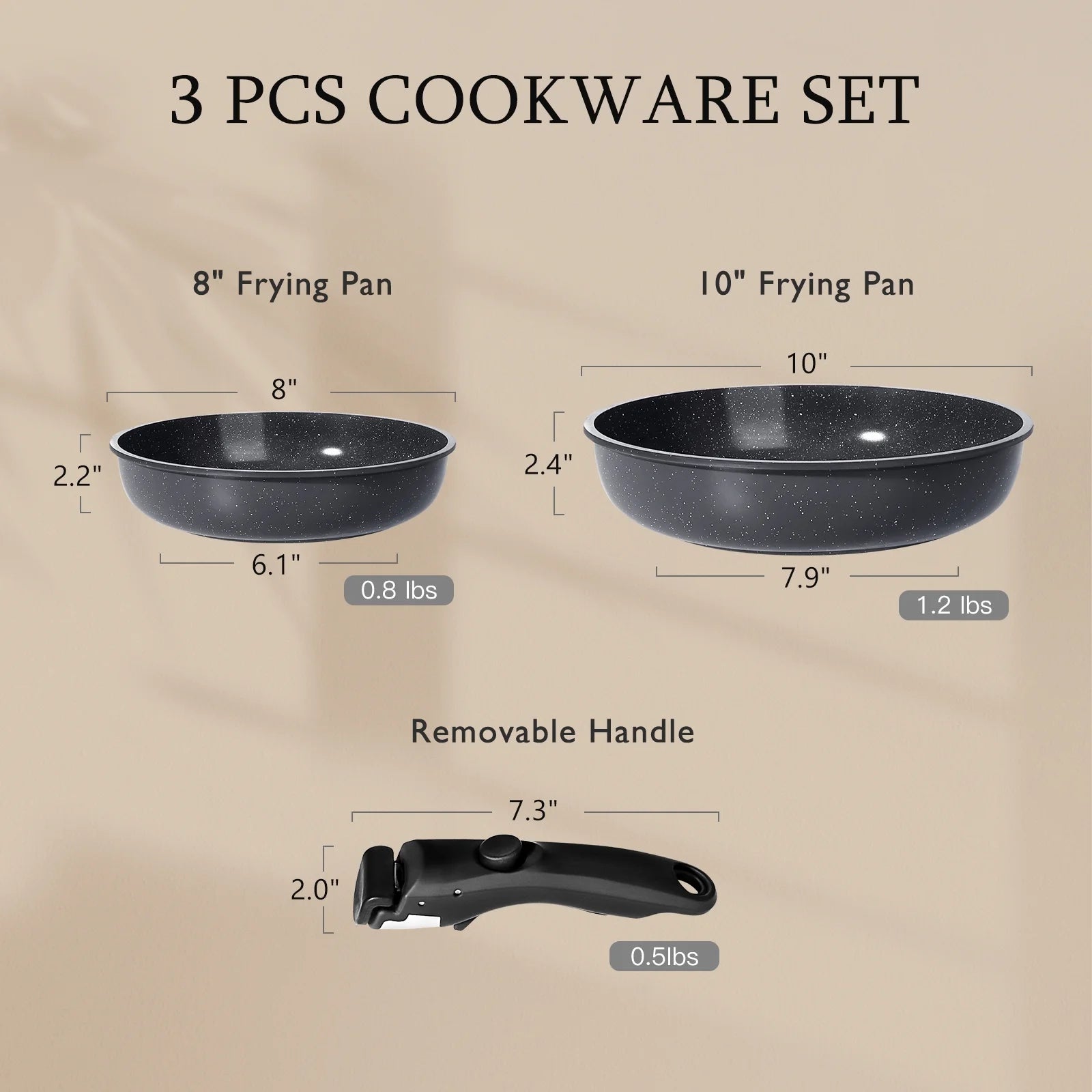 GIPP 3pcs Ceramic Non Stick Frying Pans Set,Skillet Non Stick With Removable Handle Oven & Dishwasher Safe,Induction Cookware