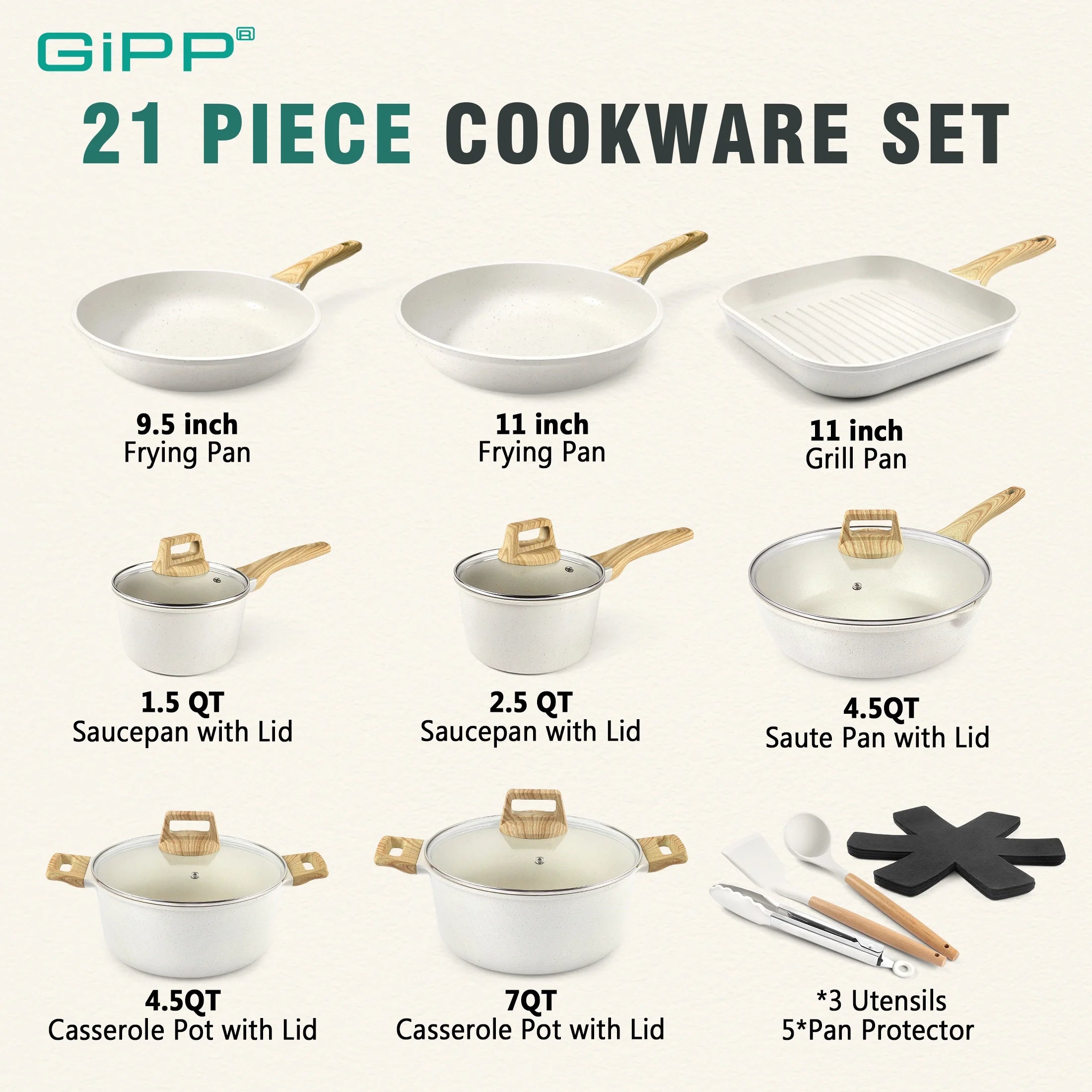 GIPP 21pcs Ceramic Coating Kitchen Cookware Sets,Pots and Pans Set Non stick,Dishwasher Safe Induction Cookware