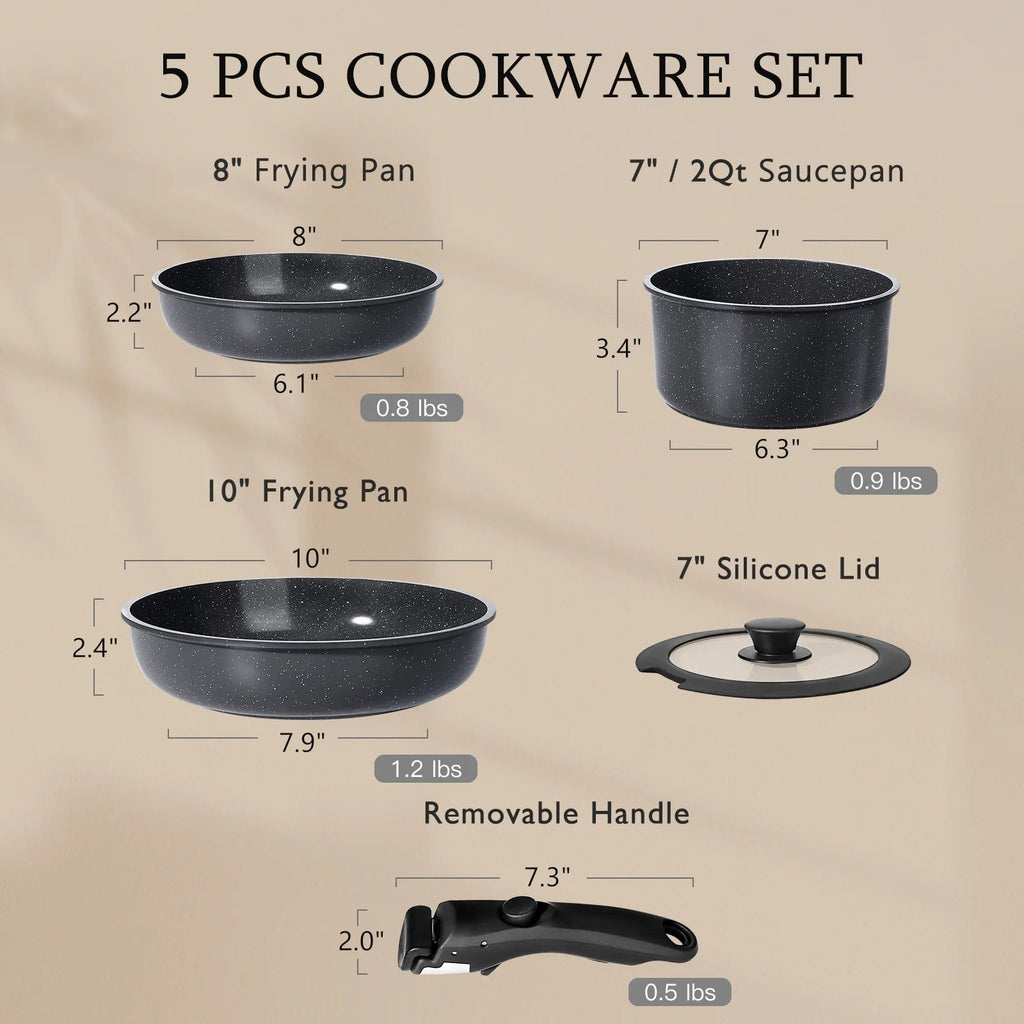 GiPP 5Pcs Ceramic Pots and Pans Set Nonstick Cookware Sets Removable Handle Kitchen,Oven Safe, Induction Ready