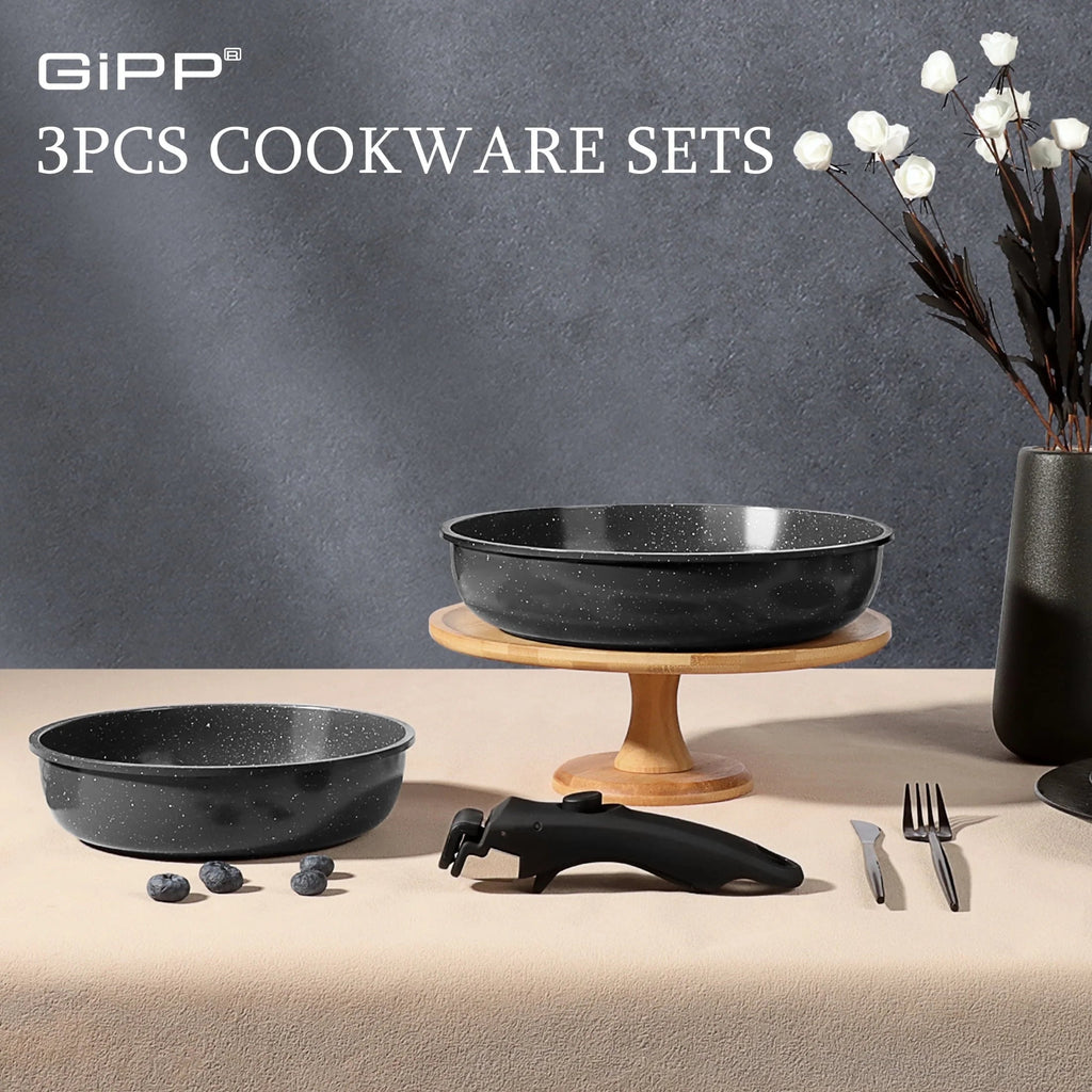 GIPP 3pcs Ceramic Non Stick Frying Pans Set,Skillet Non Stick With Removable Handle Oven & Dishwasher Safe,Induction Cookware