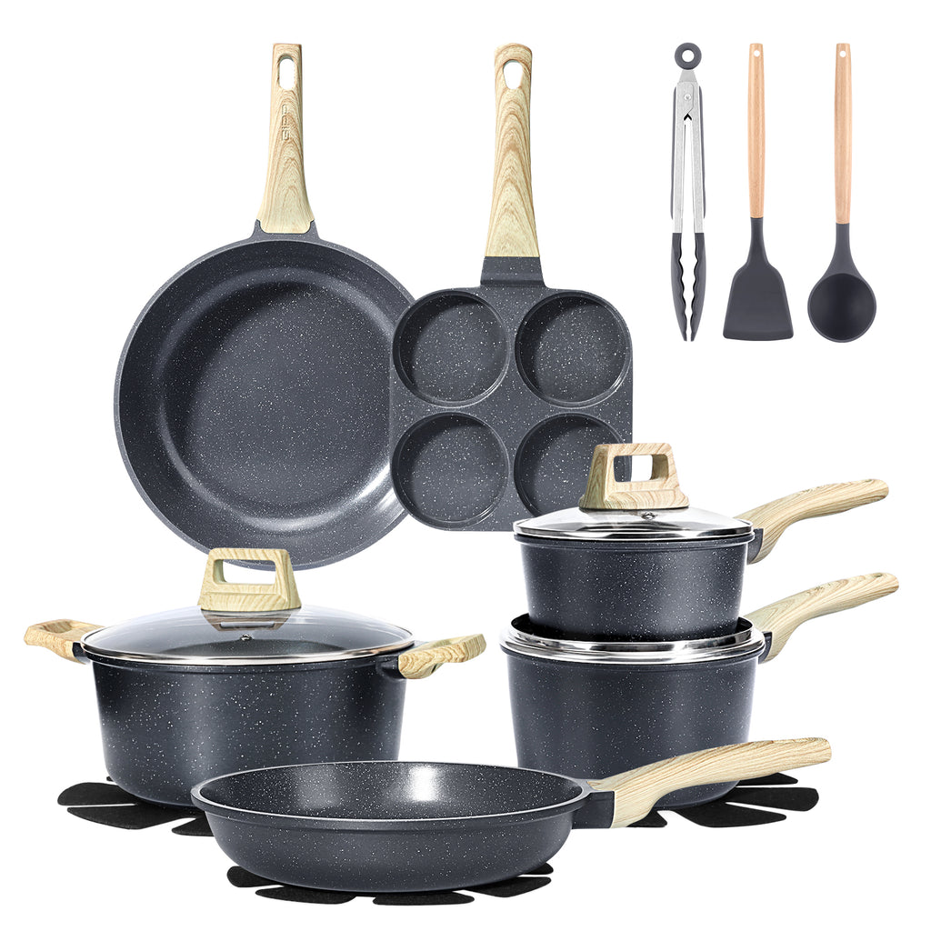 GiPP 17Pcs Nonstick Pots and Pans Set, Grey Granite, PFOS-Free