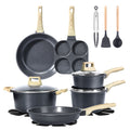 GiPP 17Pcs Nonstick Pots and Pans Set, Grey Granite, PFOS-Free