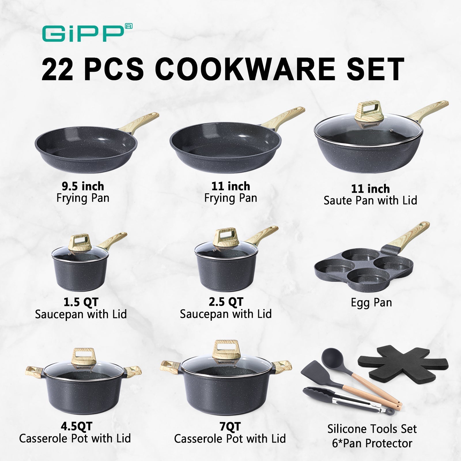 GIPP 22pcs Kitchen Cookware Sets, Ceramic Nonstick Pots and Pans Set,Dishwasher Safe Induction Cookware