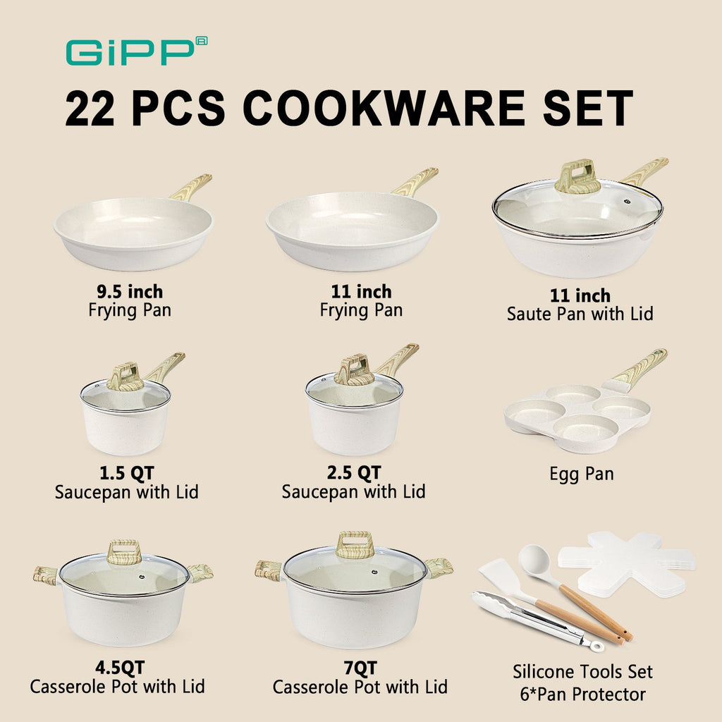GIPP 22pcs Kitchen Cookware Sets, Ceramic Nonstick Pots and Pans Set,Dishwasher Safe Induction Cookware