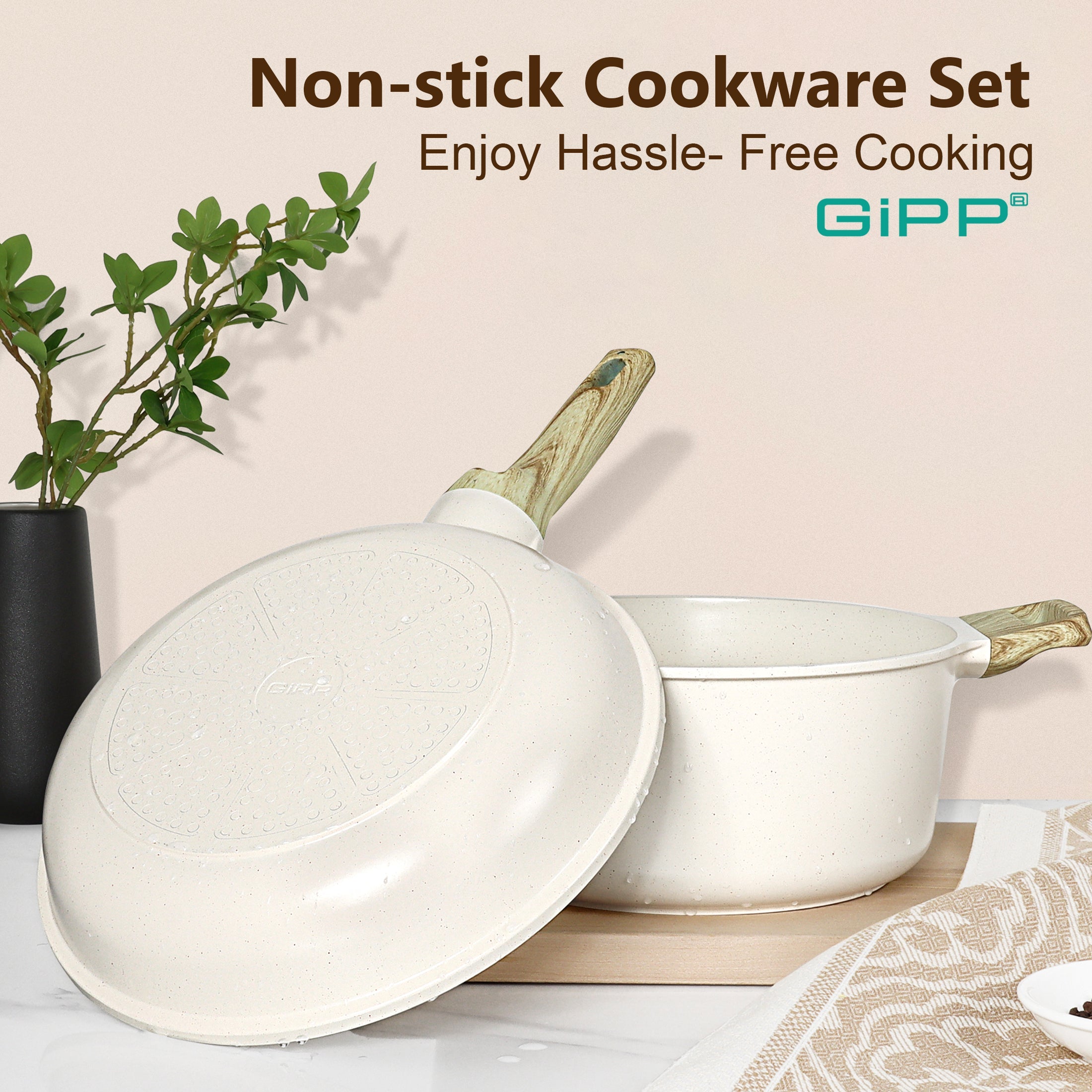 GIPP 17 Piece Kitchen Ceramic Cookware Sets,Pots and Pans Set Non stick ,Dishwasher Safe Induction Cookware, Kitchen Cooking Set for RV Trips