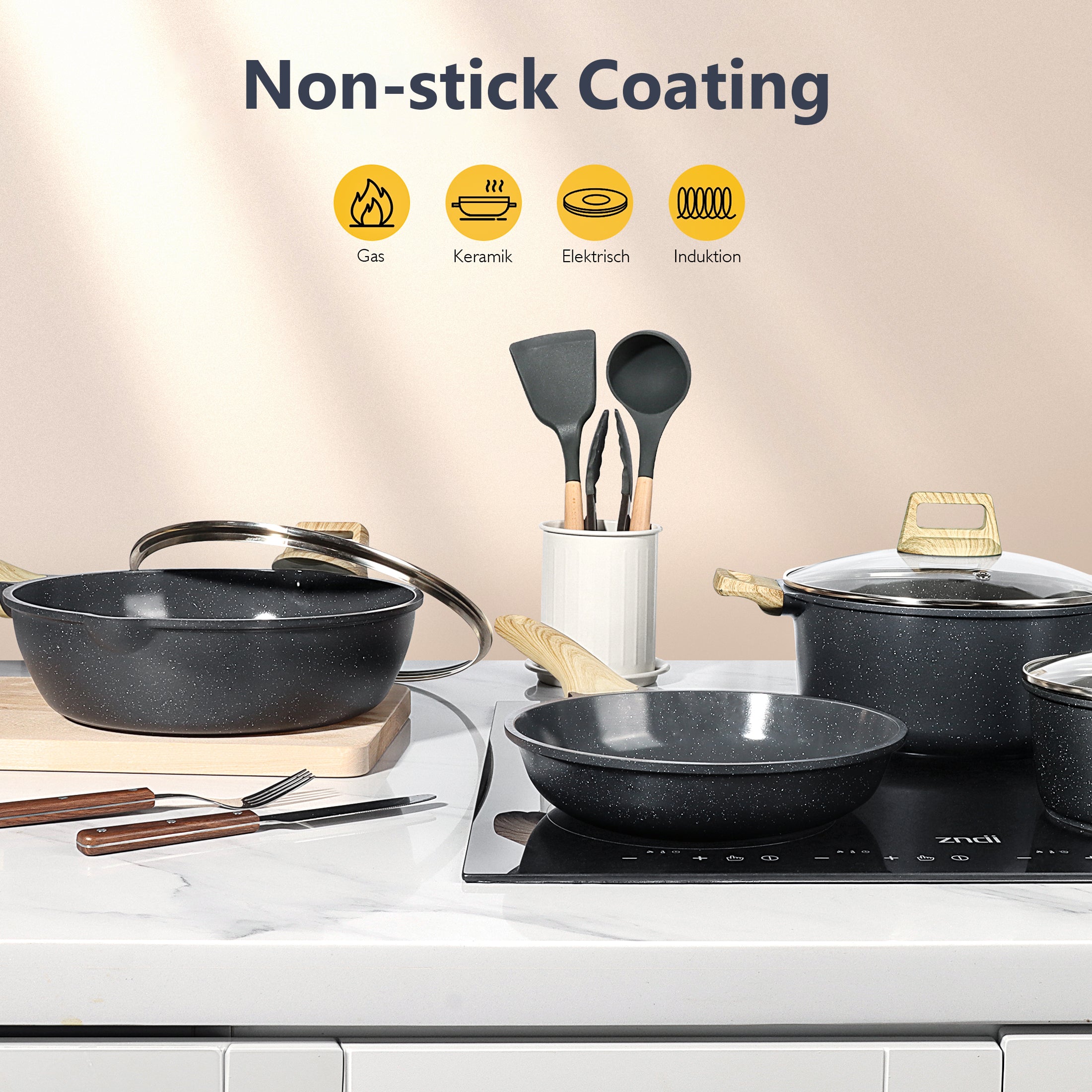 GIPP 17 Piece Kitchen Ceramic Cookware Sets,Pots and Pans Set Non stick ,Dishwasher Safe Induction Cookware, Kitchen Cooking Set for RV Trips