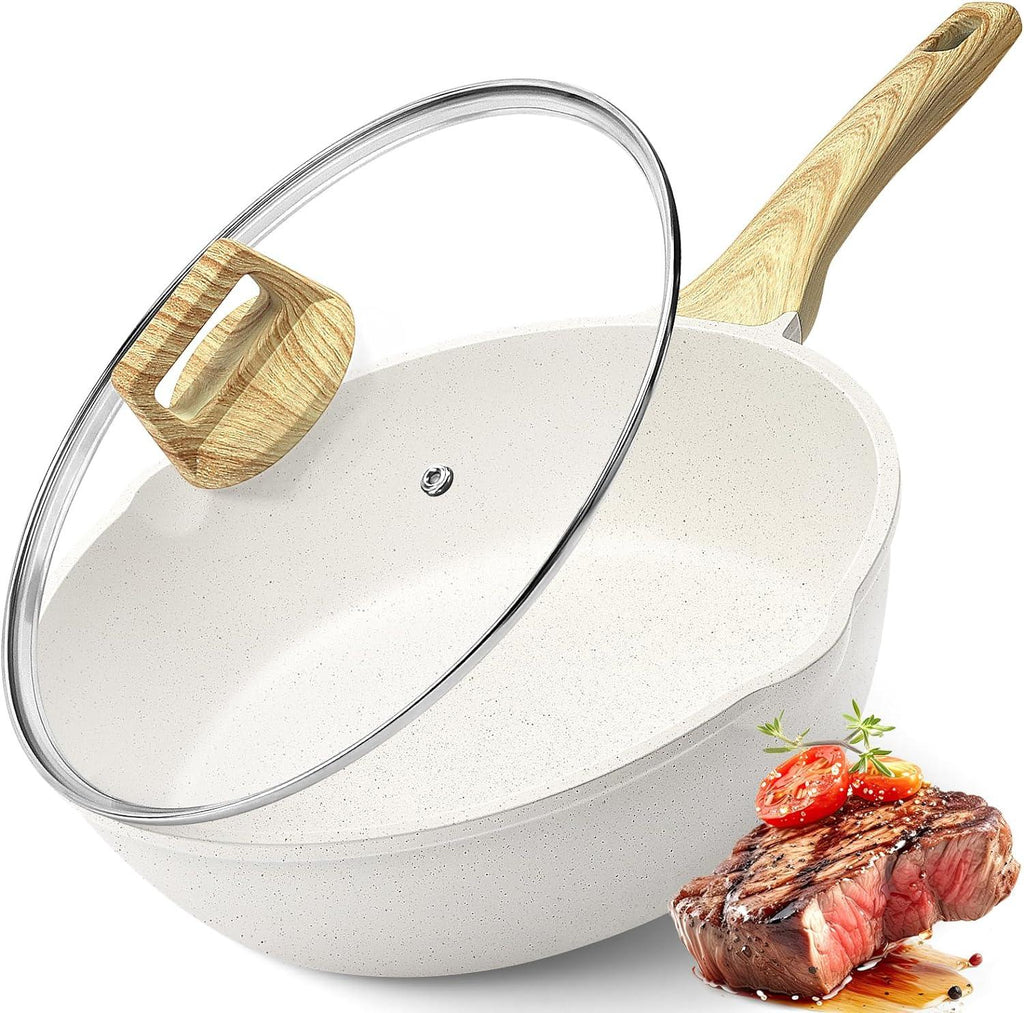 GiPP Nonstick Deep Frying Pan Skillet, 9.5" Saute Pan with Lid, Granite Induction Cookware Non Stick Cooking Pan, PFOA PFOS APEO Free, White - GiPP Kitchenware