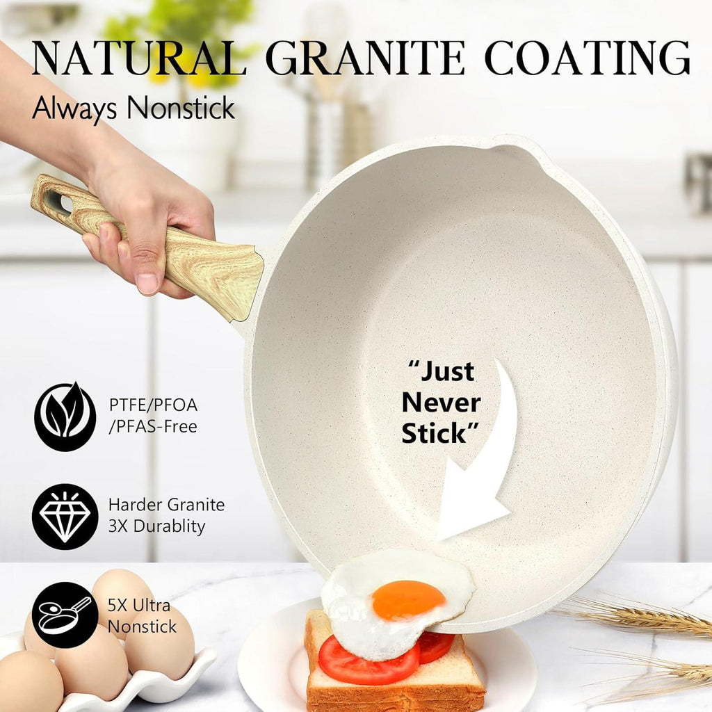 GiPP Nonstick Deep Frying Pan Skillet, 9.5" Saute Pan with Lid, Granite Induction Cookware Non Stick Cooking Pan, PFOA PFOS APEO Free, White - GiPP Kitchenware