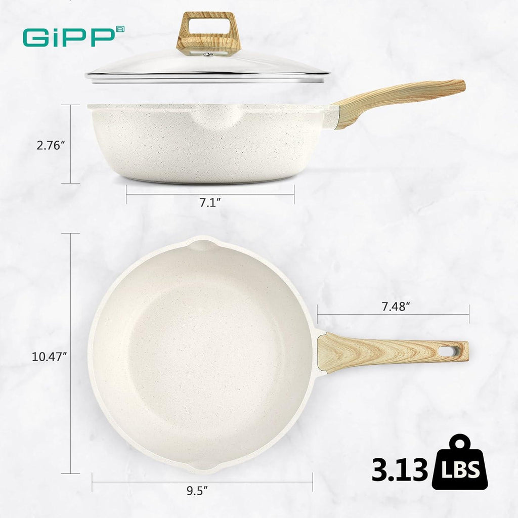 GiPP Nonstick Deep Frying Pan Skillet, 9.5" Saute Pan with Lid, Granite Induction Cookware Non Stick Cooking Pan, PFOA PFOS APEO Free, White - GiPP Kitchenware