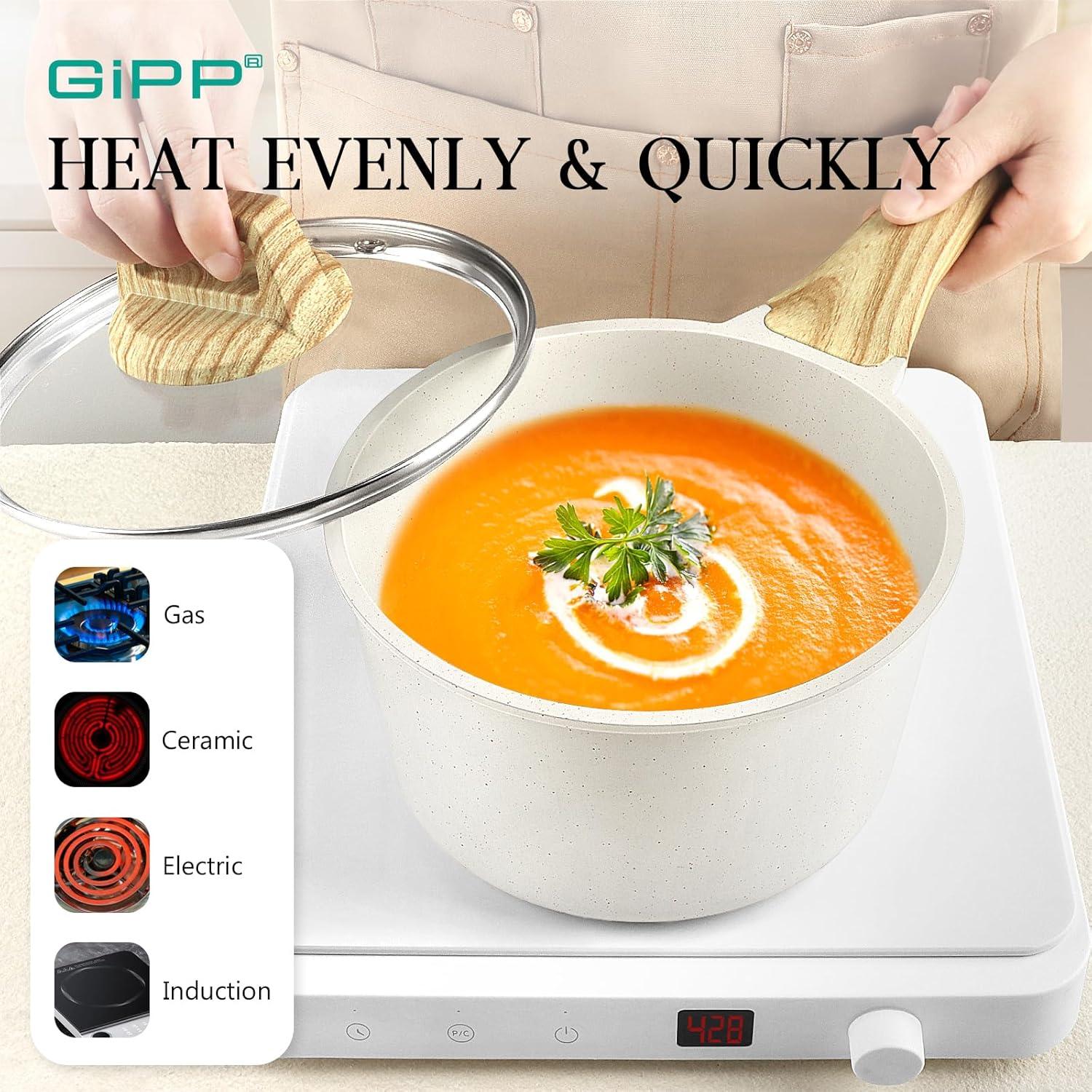 GiPP Pots and Pans Set Non Stick - 10 Pcs White Granite Kitchen Cookware Sets Nonstick Induction Cookware Non-toxic Cooking Pan Set with Lids, PFOS and PFOA Free - GiPP Kitchenware