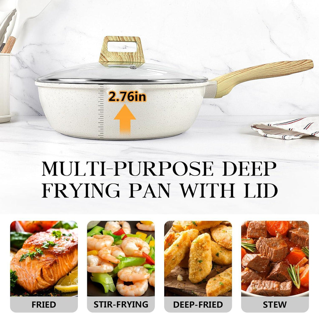 GiPP Nonstick Deep Frying Pan Skillet, 9.5" Saute Pan with Lid, Granite Induction Cookware Non Stick Cooking Pan, PFOA PFOS APEO Free, White - GiPP Kitchenware