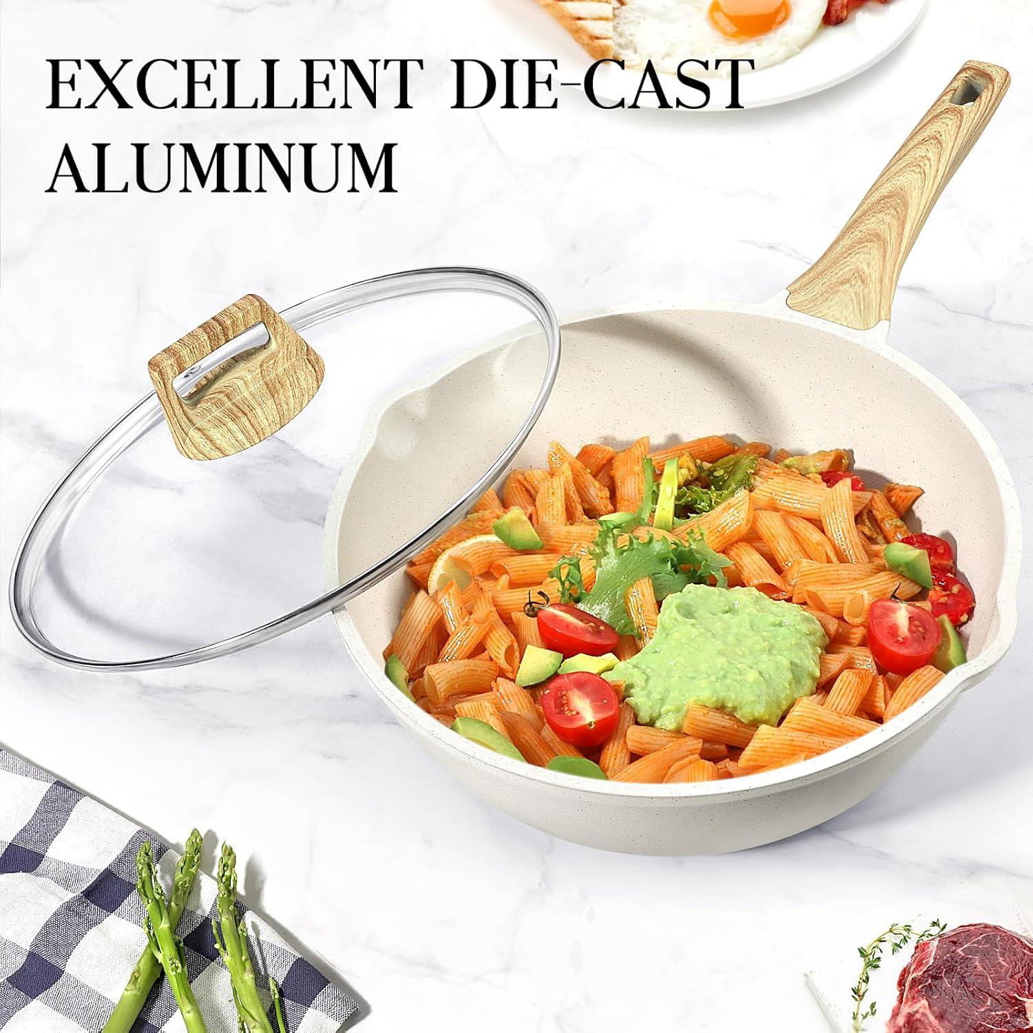 GiPP Nonstick Deep Frying Pan Skillet, 9.5" Saute Pan with Lid, Granite Induction Cookware Non Stick Cooking Pan, PFOA PFOS APEO Free, White - GiPP Kitchenware