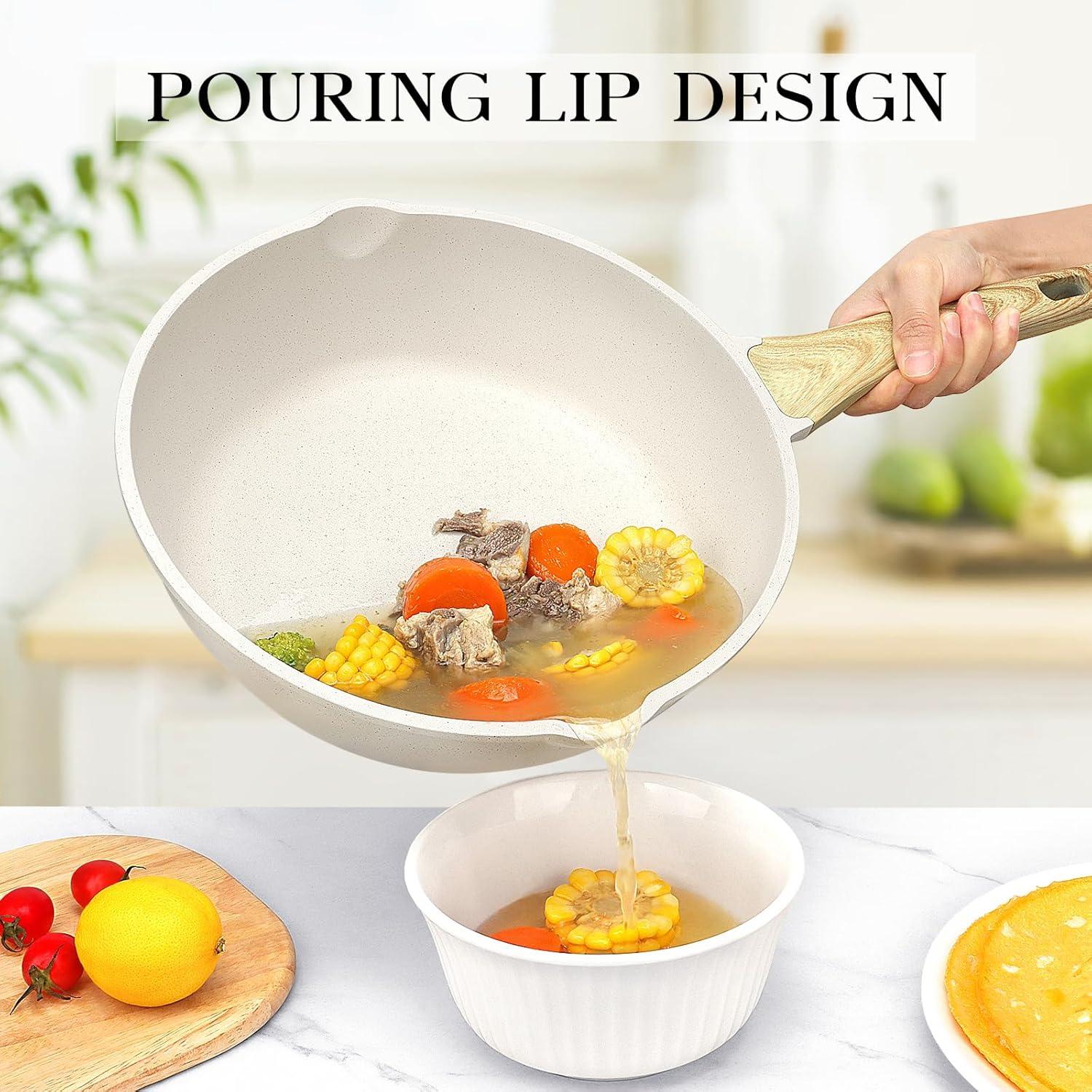 GiPP Nonstick Deep Frying Pan Skillet, 9.5" Saute Pan with Lid, Granite Induction Cookware Non Stick Cooking Pan, PFOA PFOS APEO Free, White - GiPP Kitchenware