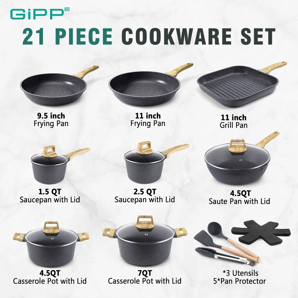 GIPP 21pcs Ceramic Coating Kitchen Cookware Sets,Pots and Pans Set Non stick,Dishwasher Safe Induction Cookware