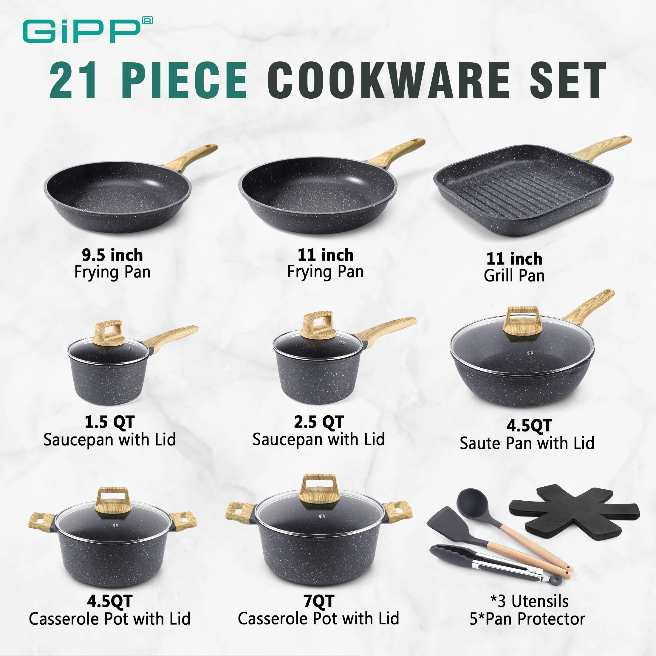 GIPP 21pcs Ceramic Coating Kitchen Cookware Sets,Pots and Pans Set Non stick,Dishwasher Safe Induction Cookware