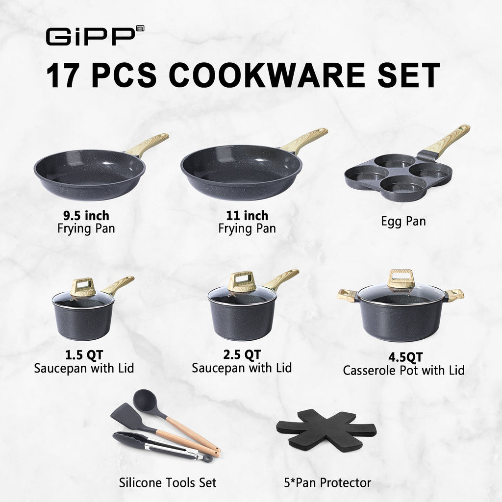 GIPP 17 Piece Kitchen Ceramic Cookware Sets,Pots and Pans Set Non stick ,Dishwasher Safe Induction Cookware, Kitchen Cooking Set for RV Trips