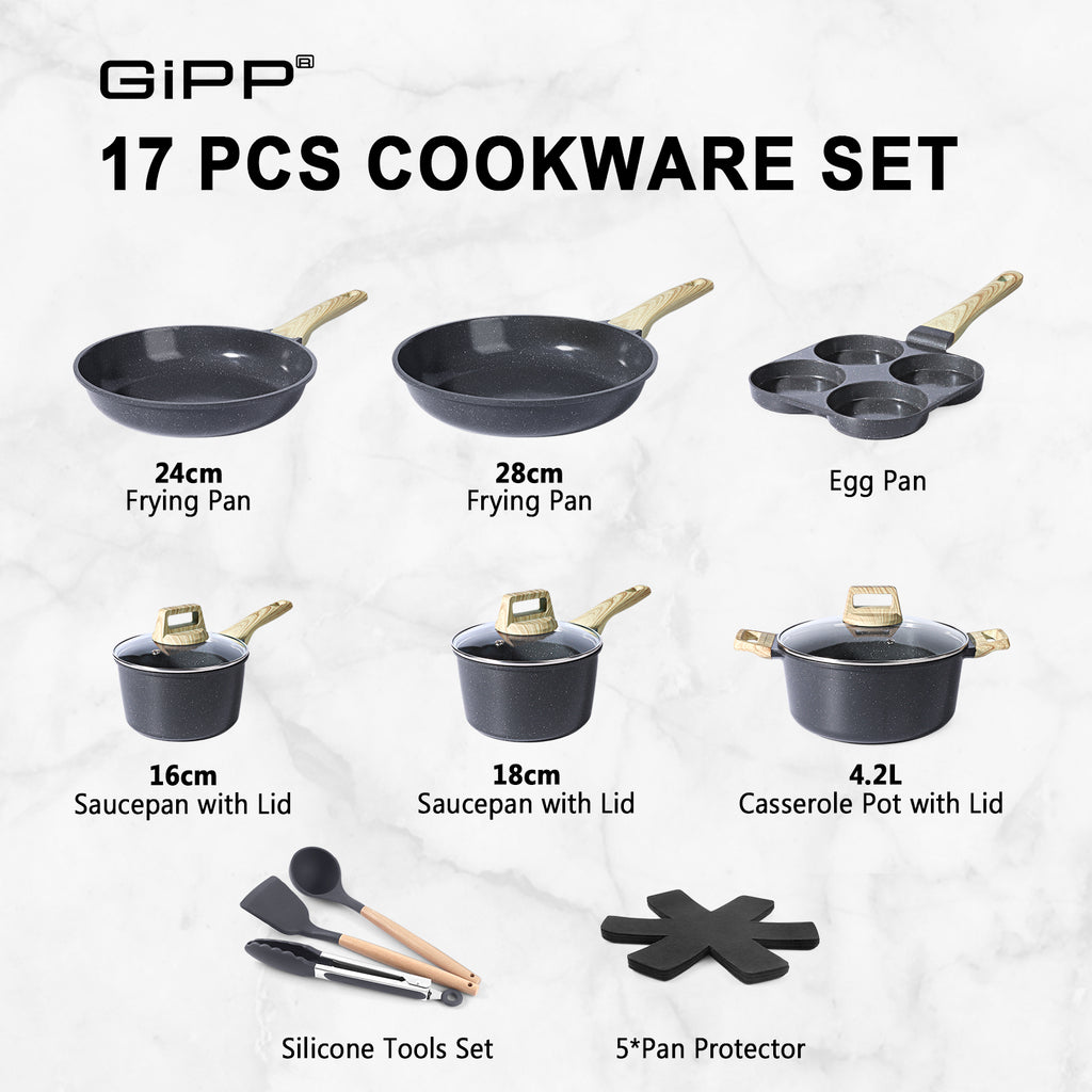 GiPP 17Pcs Nonstick Pots and Pans Set, Grey Granite, PFOS-Free
