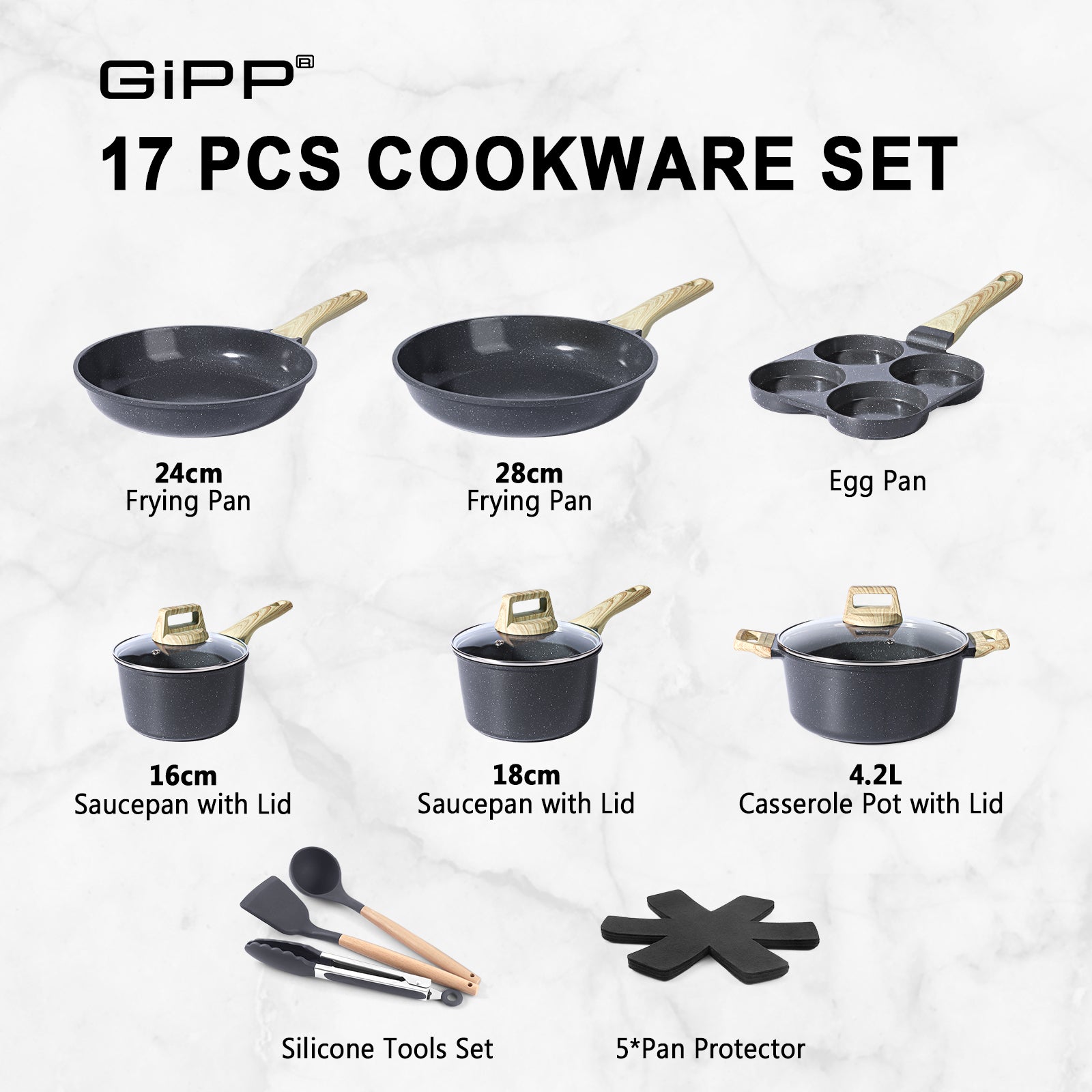 GiPP 17Pcs Nonstick Pots and Pans Set, Grey Granite, PFOS-Free