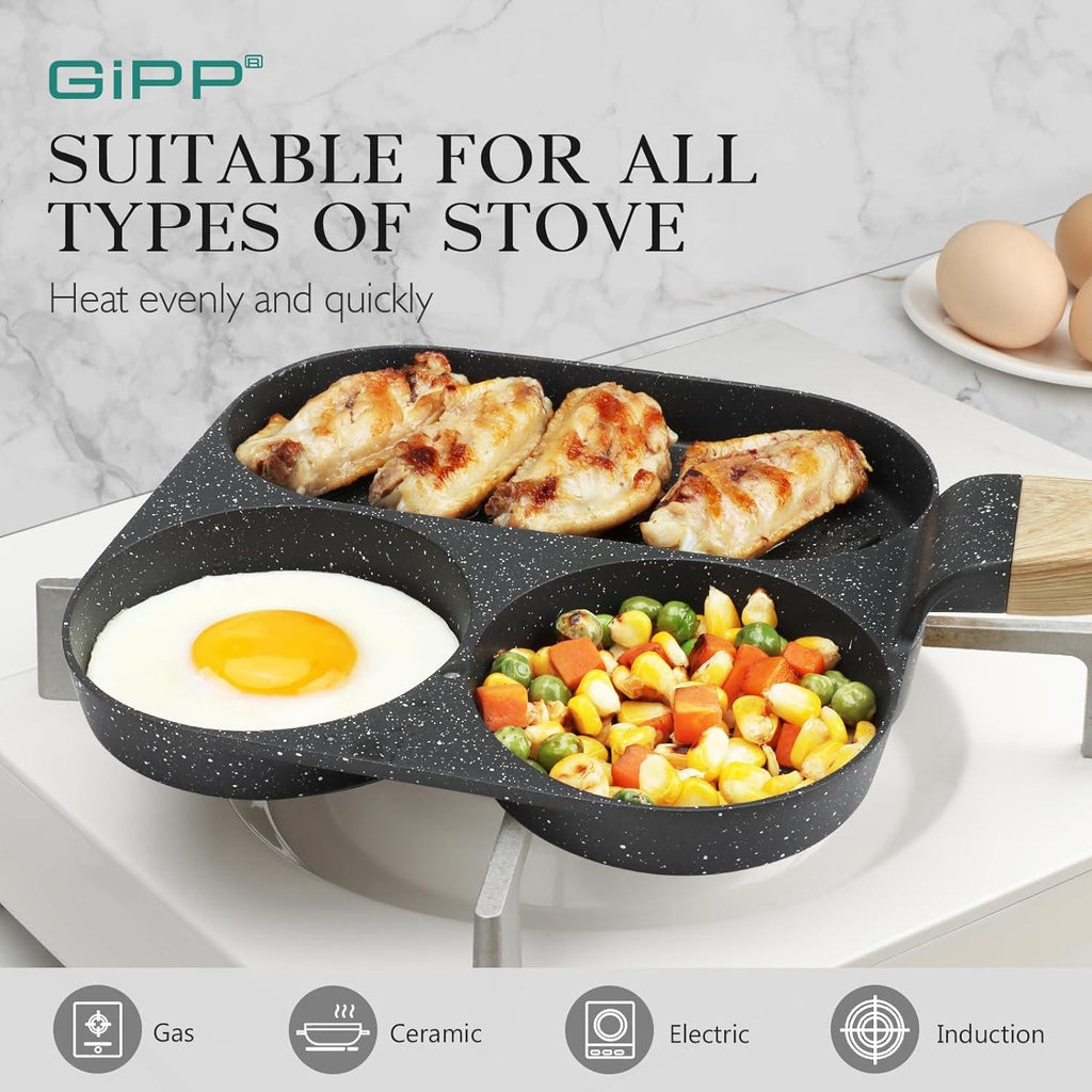 GiPP Egg Frying Pan, Pancake Pan Granite Nonstick 3 Hole Frying Egg Omelette Skillet for Breakfast - GiPP Kitchenware