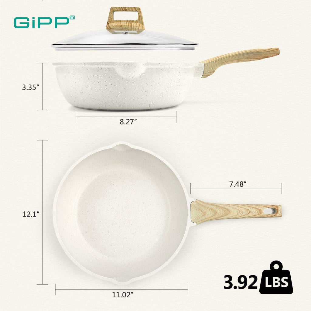 GiPP Nonstick Deep Frying Pan - 11 Inch Saute Pan with Lid Granite Induction Cookware, 4.5Qt Non Stick Working Pan Skillet, PFOA PFOS APEO Free, White - GiPP Kitchenware