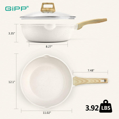 GiPP Nonstick Deep Frying Pan - 11 Inch Saute Pan with Lid Granite Induction Cookware, 4.5Qt Non Stick Working Pan Skillet, PFOA PFOS APEO Free, White - GiPP Kitchenware