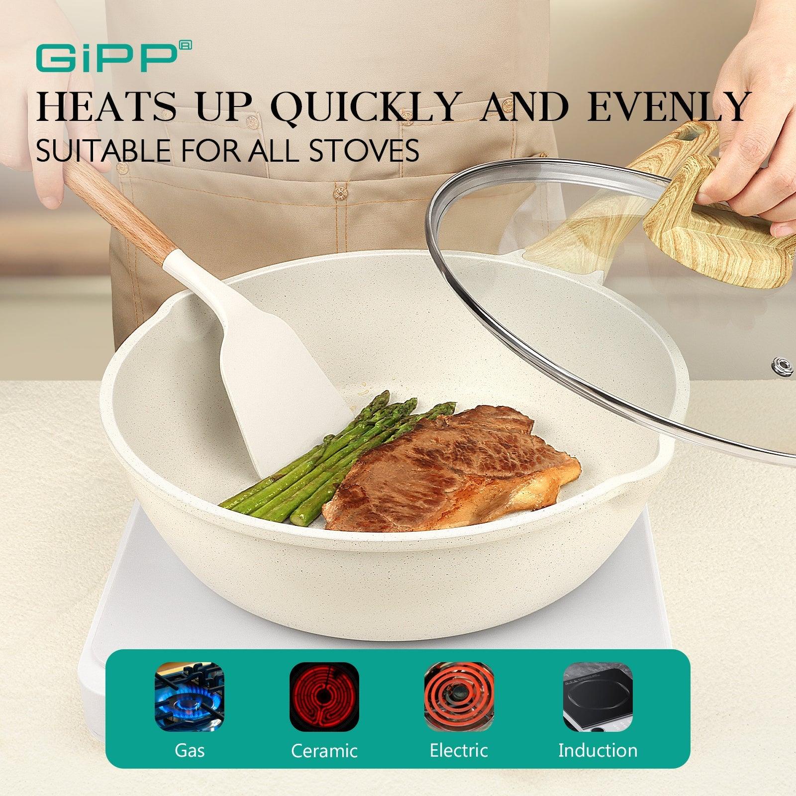 GiPP Nonstick Deep Frying Pan - 11 Inch Saute Pan with Lid Granite Induction Cookware, 4.5Qt Non Stick Working Pan Skillet, PFOA PFOS APEO Free, White - GiPP Kitchenware