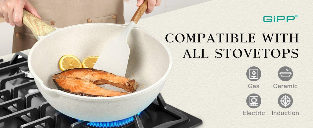 GiPP Nonstick Deep Frying Pan - 11 Inch Saute Pan with Lid Granite Induction Cookware, 4.5Qt Non Stick Working Pan Skillet, PFOA PFOS APEO Free, White - GiPP Kitchenware