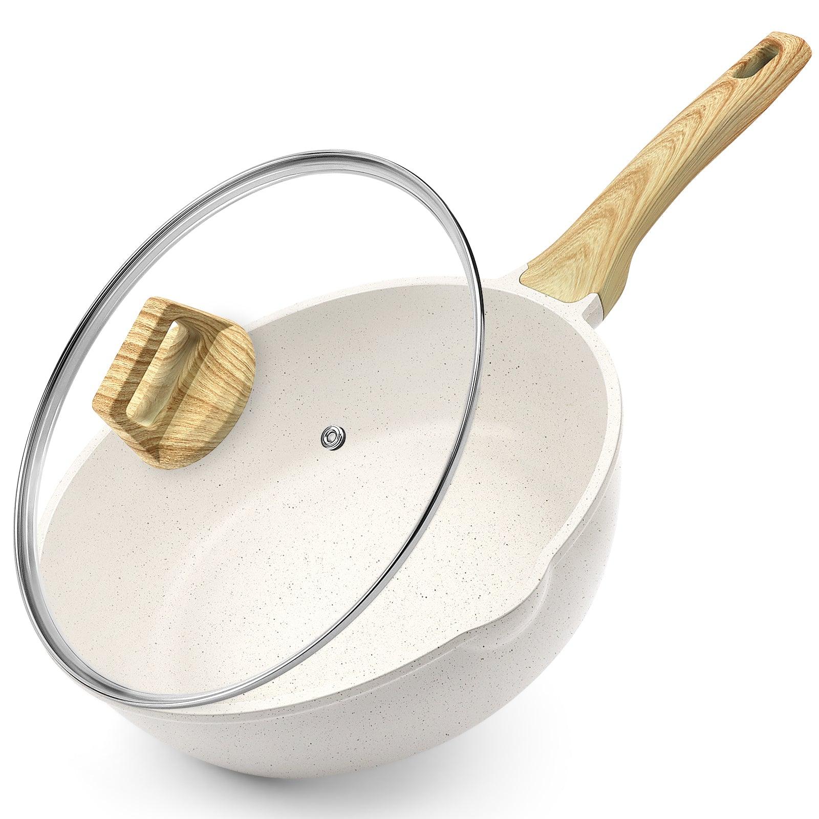 GiPP Nonstick Deep Frying Pan - 11 Inch Saute Pan with Lid Granite Induction Cookware, 4.5Qt Non Stick Working Pan Skillet, PFOA PFOS APEO Free, White - GiPP Kitchenware