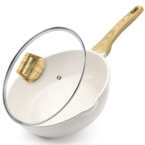 GiPP Nonstick Deep Frying Pan - 11 Inch Saute Pan with Lid Granite Induction Cookware, 4.5Qt Non Stick Working Pan Skillet, PFOA PFOS APEO Free, White - GiPP Kitchenware